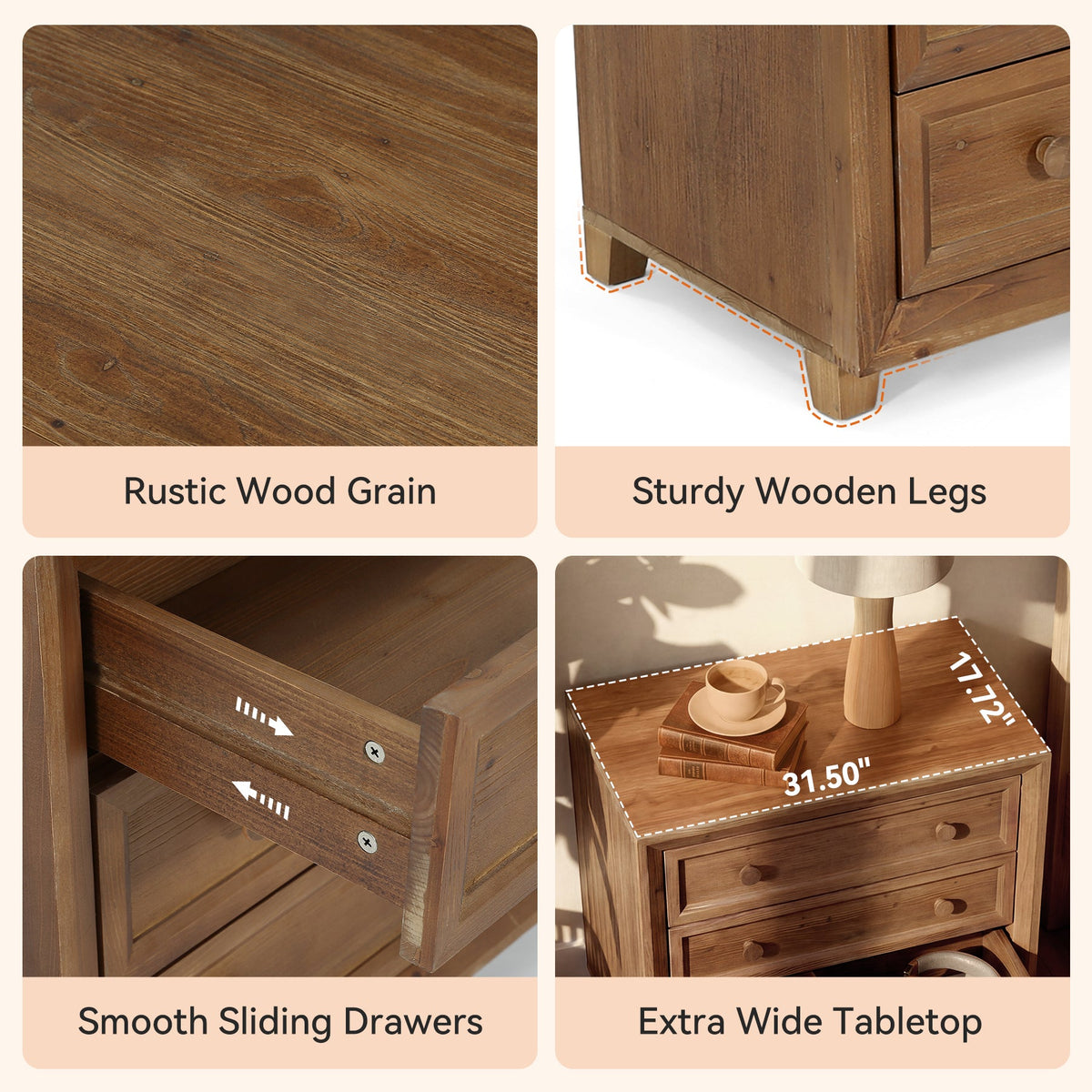 31.5" Wide Nightstand, Solid Wood Bedside Table with 3 Drawers