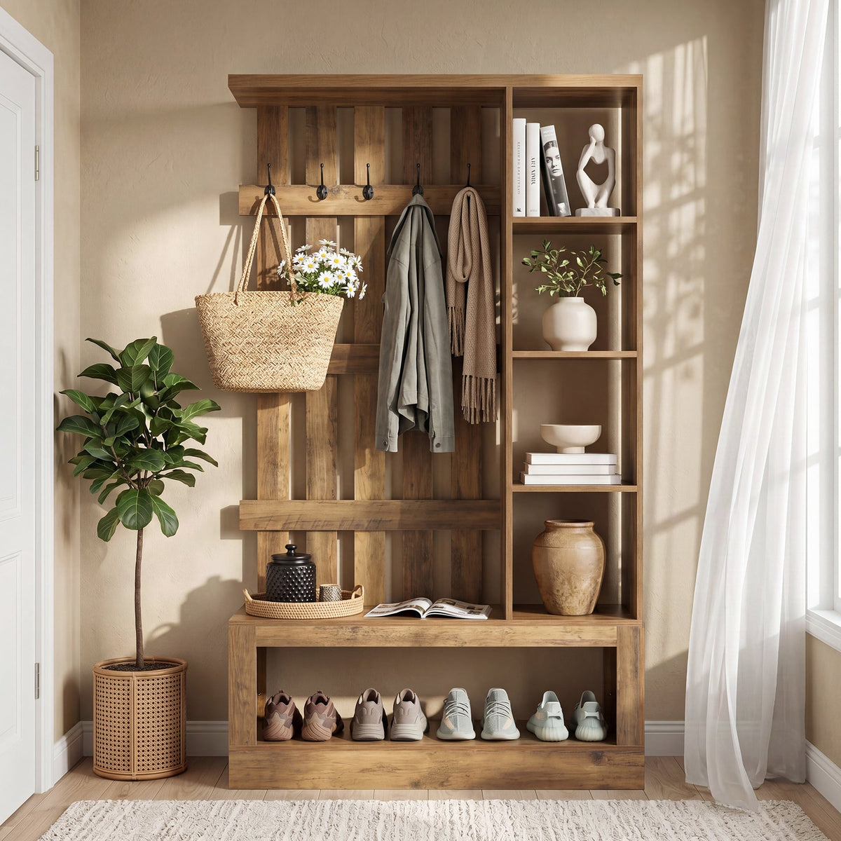 70.87" Farmhouse Hall Tree with Storage Bench & Hooks for Entryway