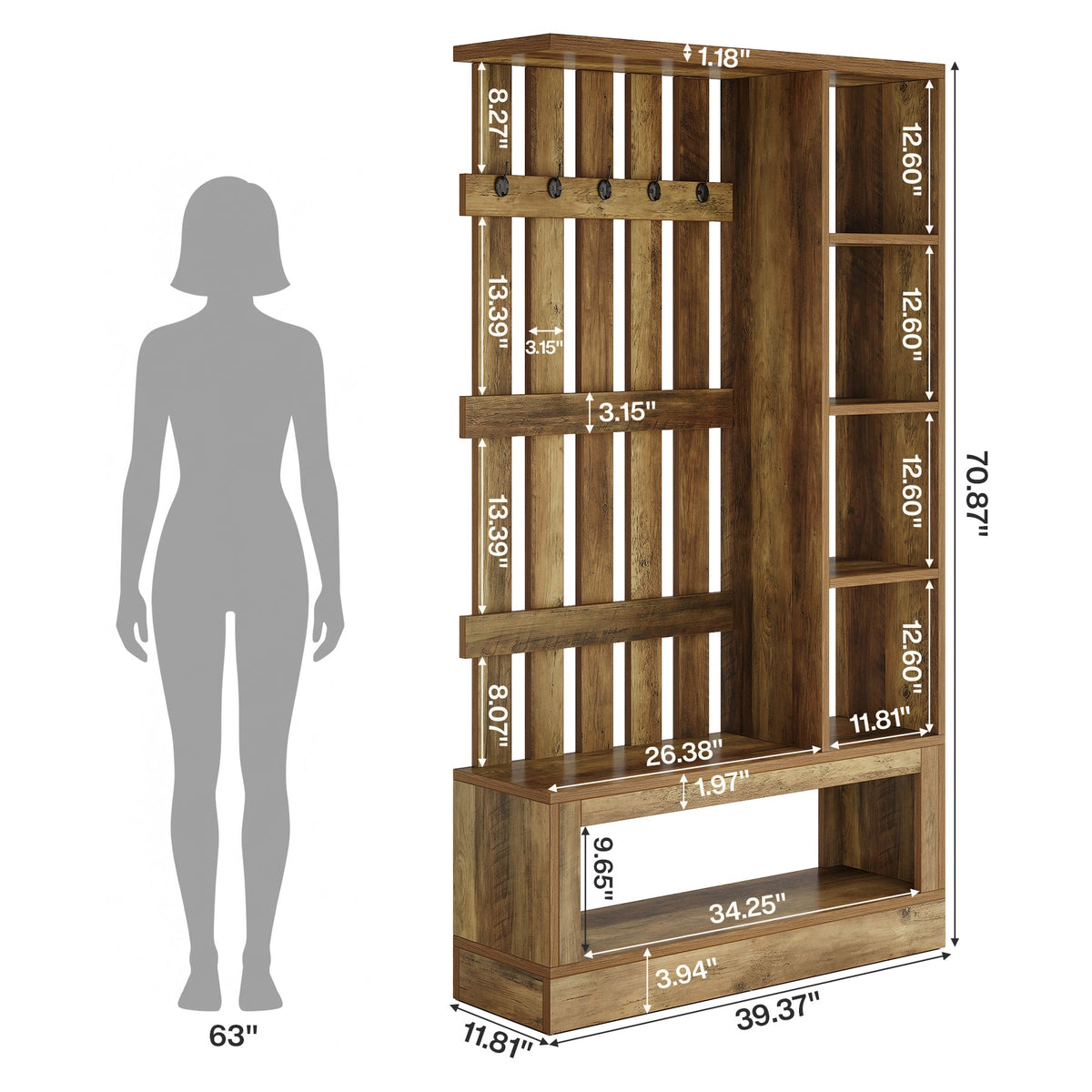 70.9" Wall Room Divider With Shelves, Freestanding Wall Partition With Coat Rack