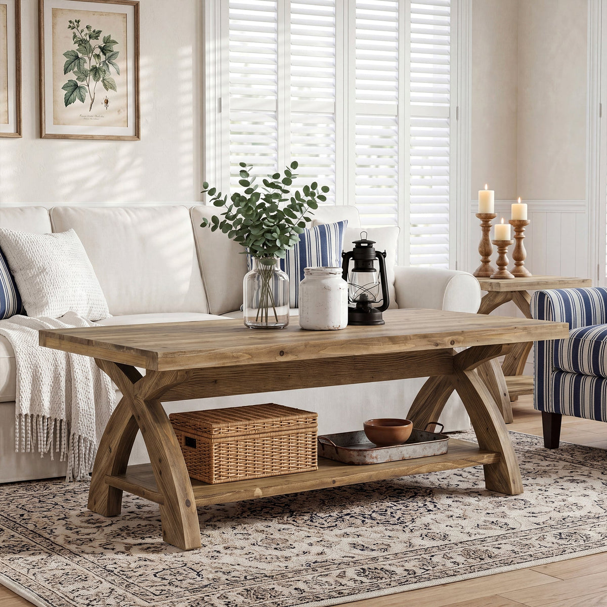 47.24" Solid Wood Coffee Table, Rectangular Center Table with X-Leg for Living Room