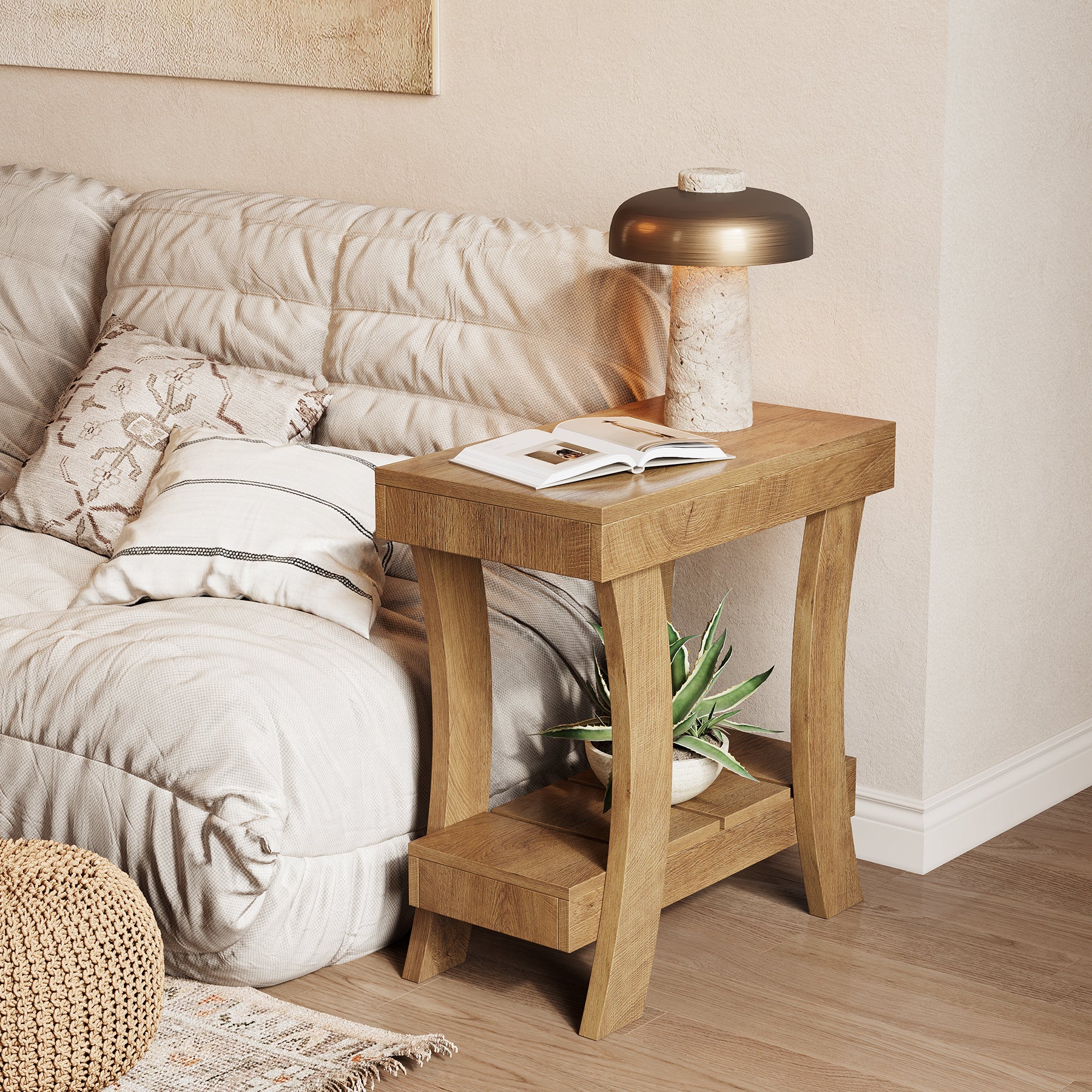 2-Tier End Table, Narrow Rectangular Side Table with Storage Shelf For Small Spaces