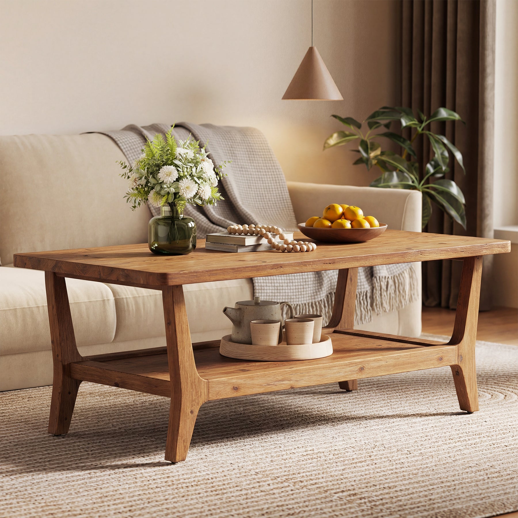 Solid Wood Coffee Table, 47" Center Table with 2-Tier Shelf for Living Room