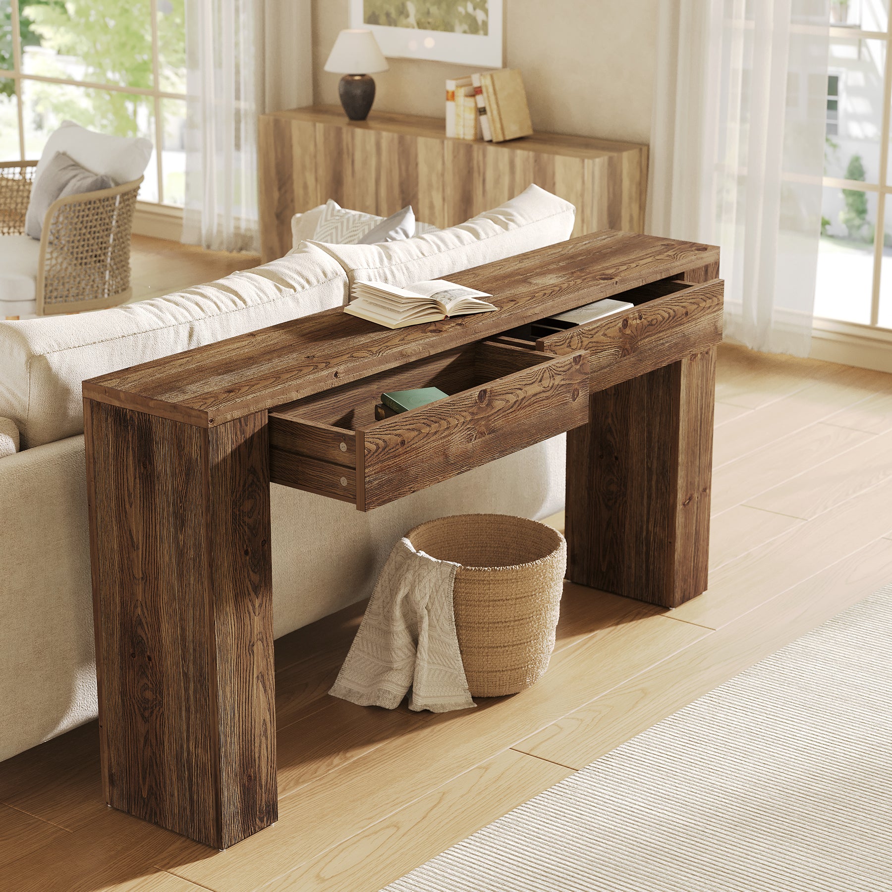 Solid Wood Console Table, 63" Entryway Sofa Table with 2 Drawers