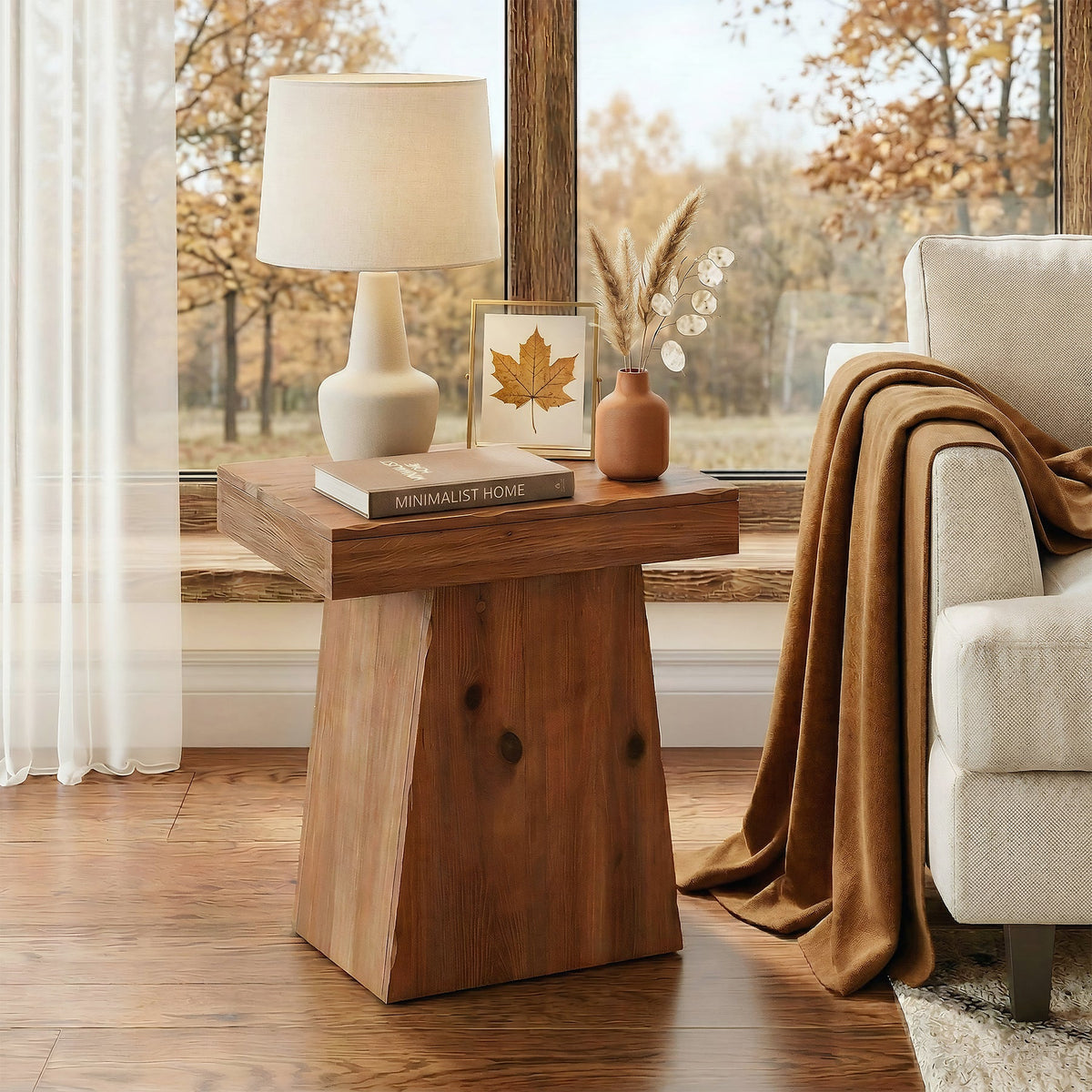 23.6" Solid Wood End Table with Trapezoid Base, Small Side Table for Living Room