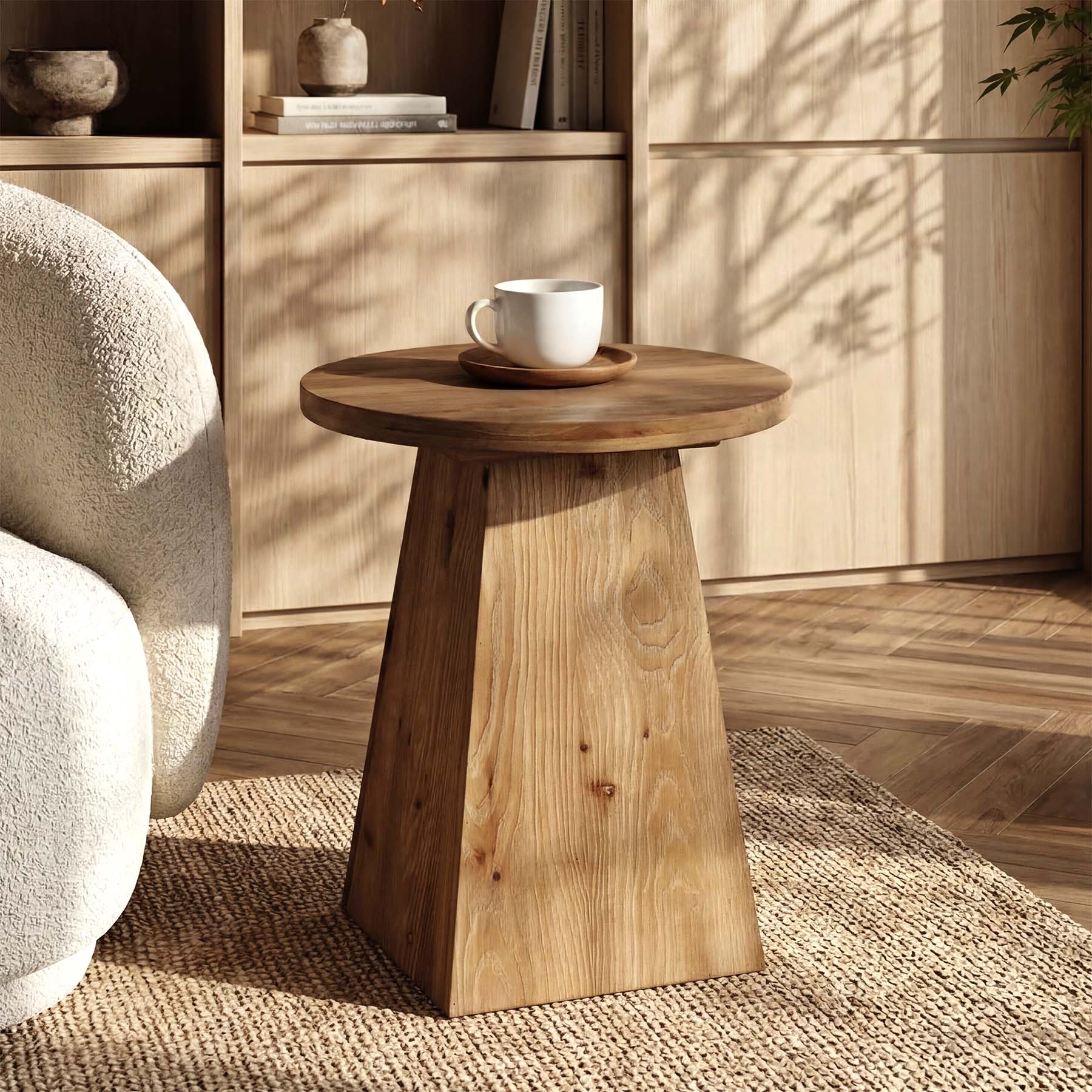 18.9" Solid Wood End Table with Trapezoid Base, Round Side Table for Living Room