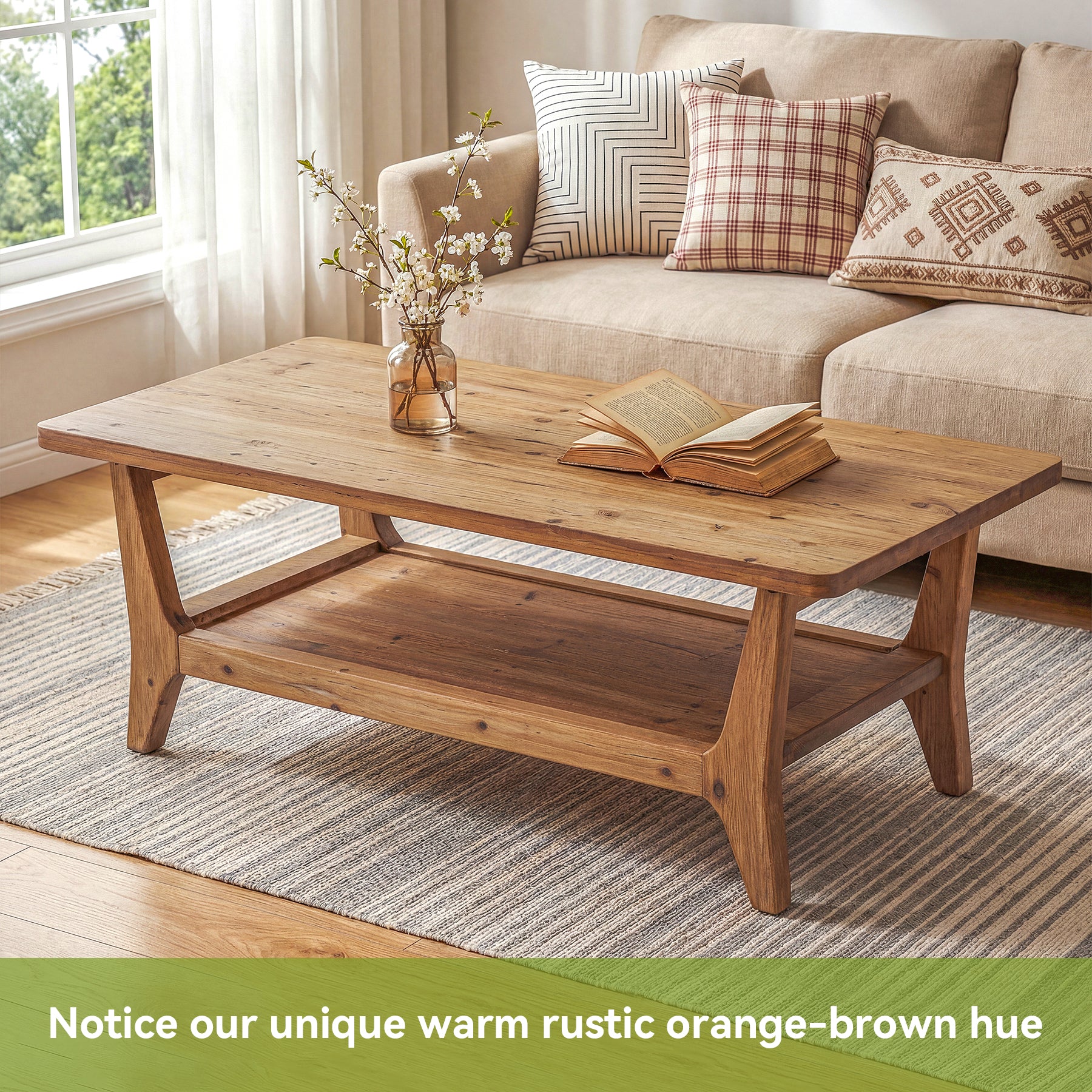Solid Wood Coffee Table, 47" Center Table with 2-Tier Shelf for Living Room