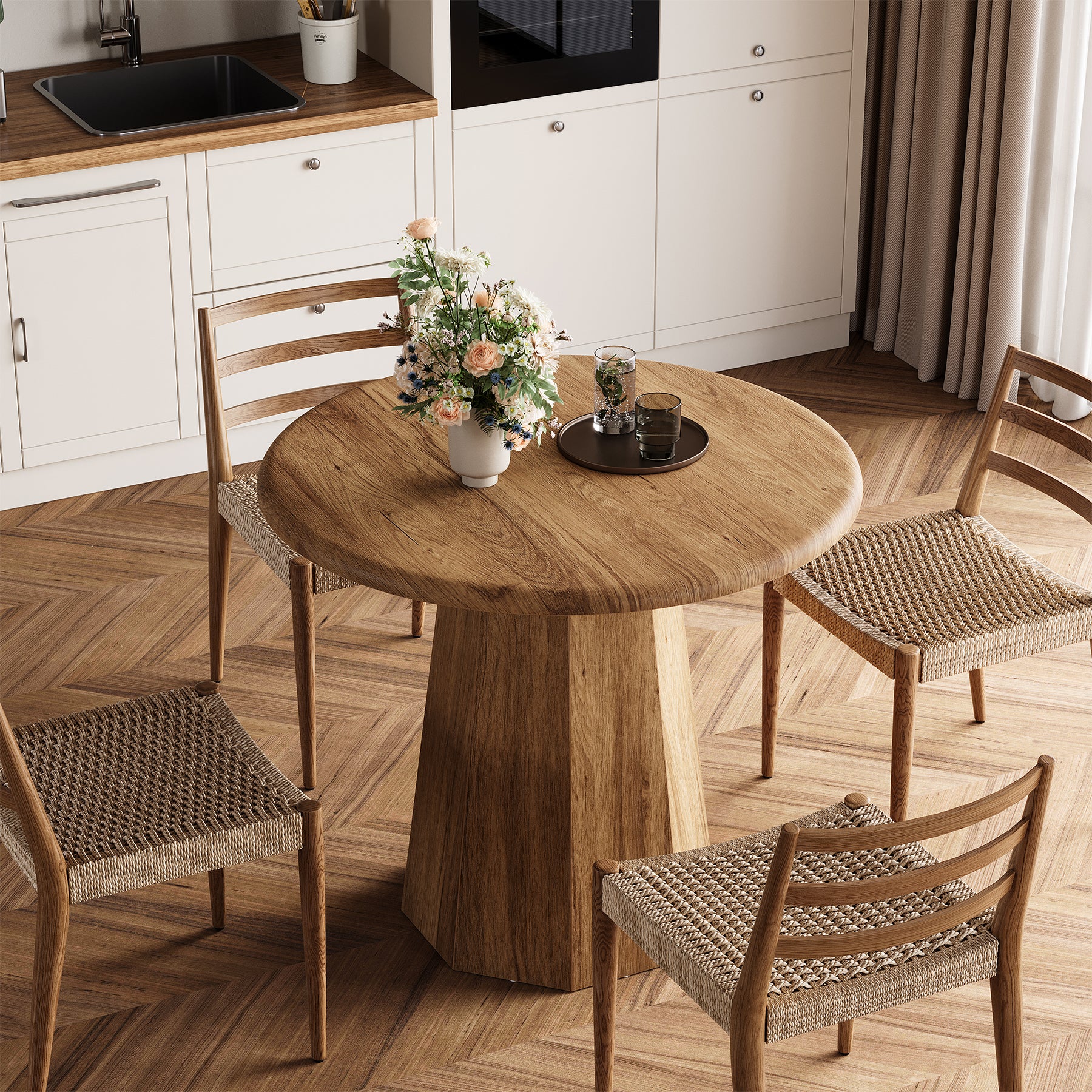 31.5" Round Dining Table for 4, Small Dinner Table with Octagonal Base for Dining Room