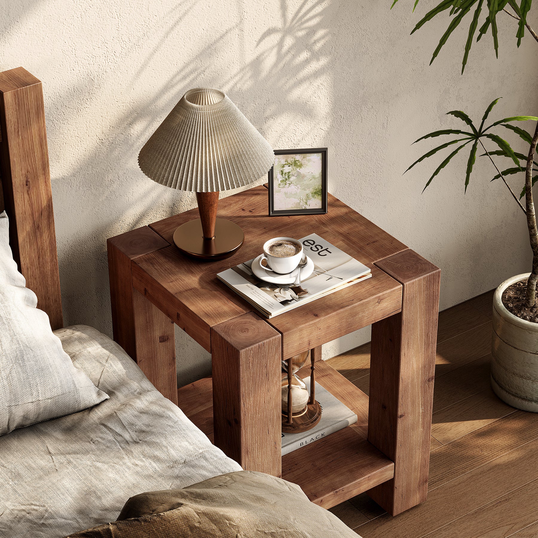 2-Tier Solid Wood Nightstand, 19.69" Beside Table with Storage Shelves
