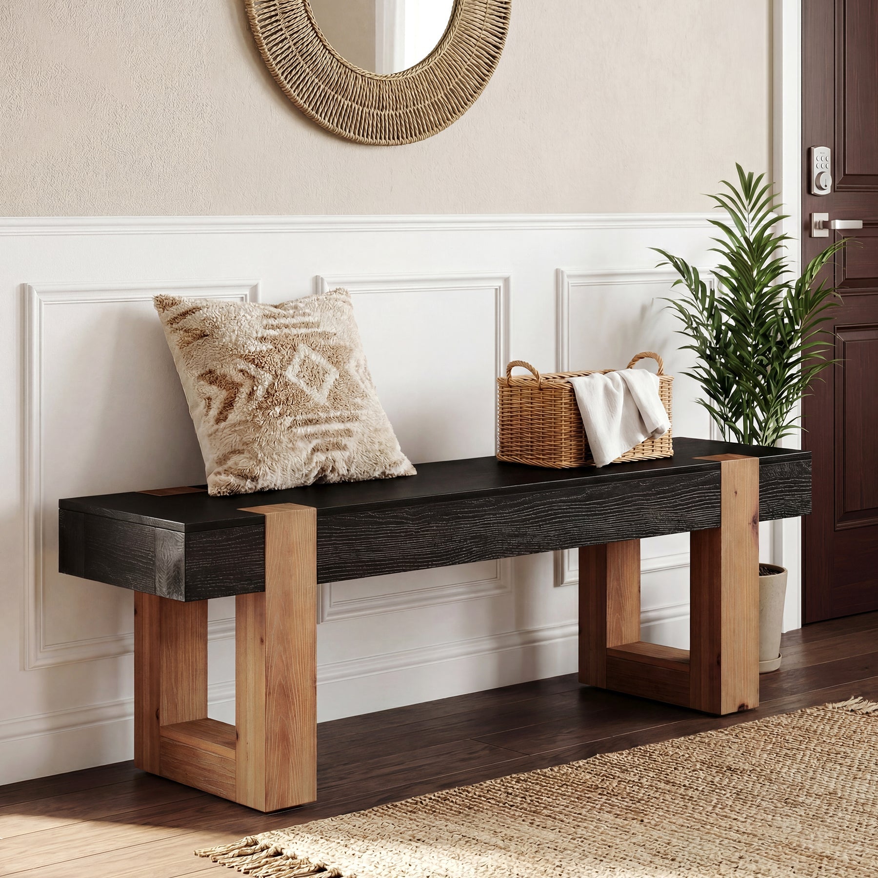 55" Solid Wood Entryway Bench, Indoor Wooden End of Bed Bench Seat