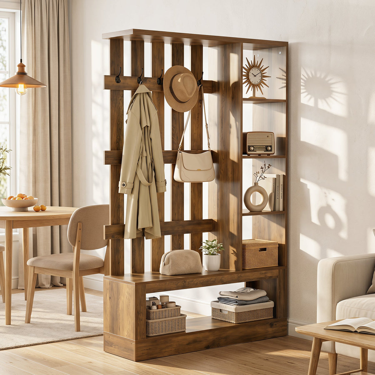 70.9" Wall Room Divider With Shelves, Freestanding Wall Partition With Coat Rack
