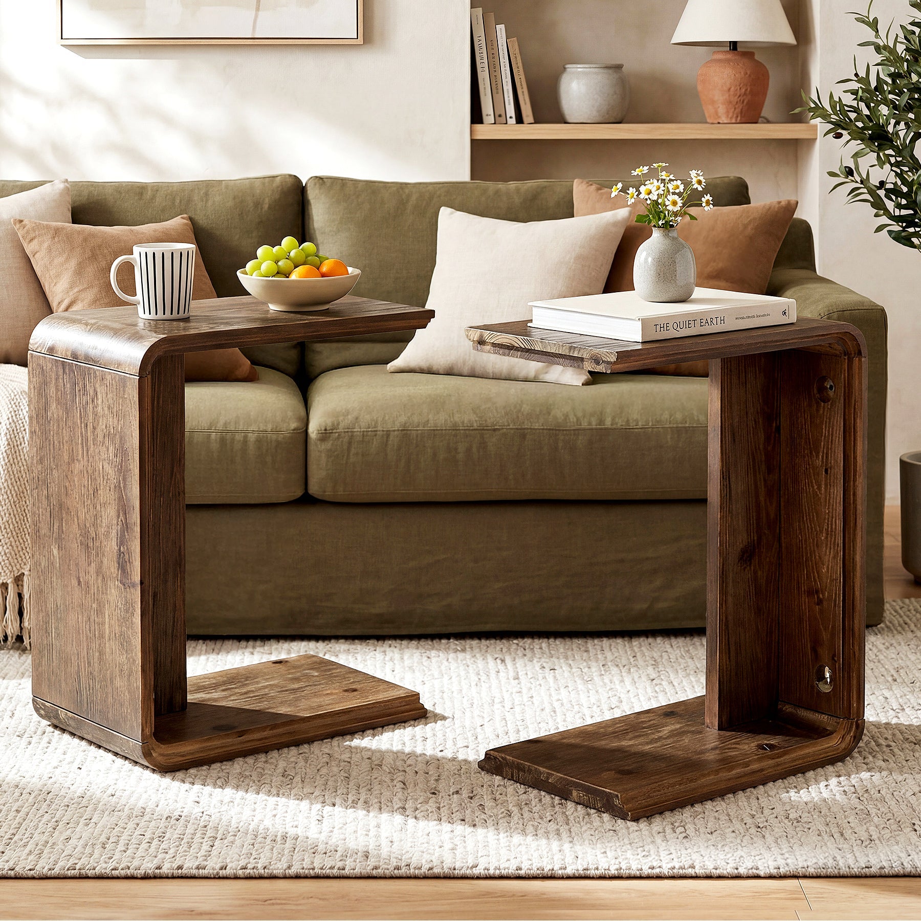 C-Shaped Solid Wood End Table, Narrow Side Table for Living Room and Bedroom