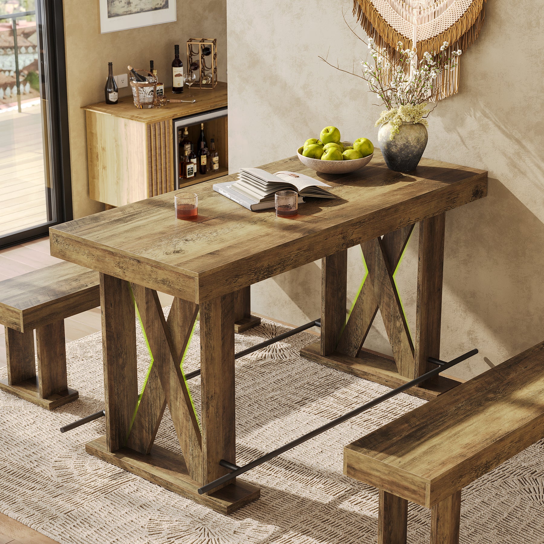 63" Industrial Bar Table, Kitchen Pub Table with Metal Footrest & X-Base