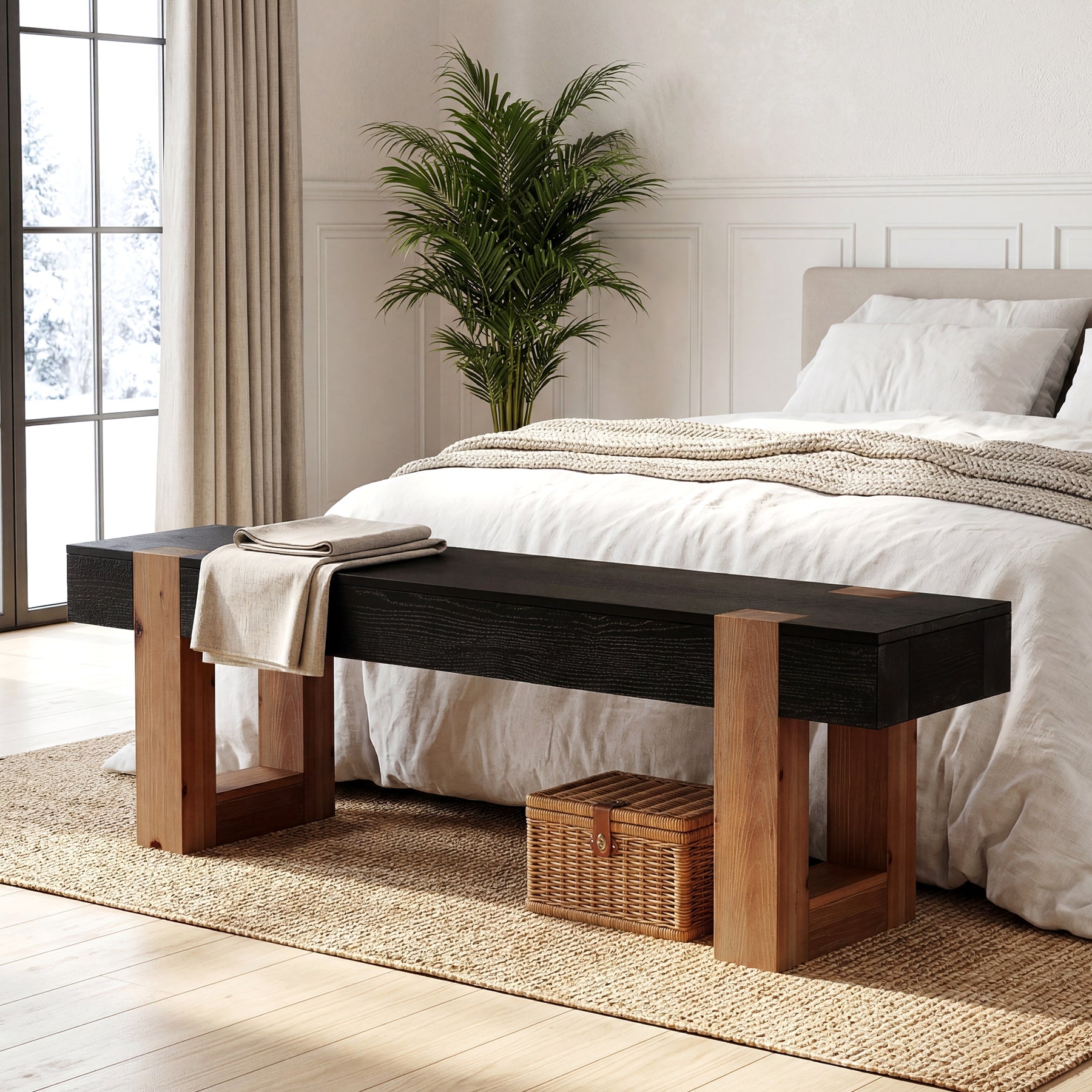 55" Solid Wood Entryway Bench, Indoor Wooden End of Bed Bench Seat