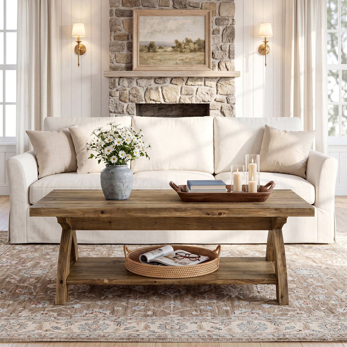 47.24" Solid Wood Coffee Table, Rectangular Center Table with X-Leg for Living Room