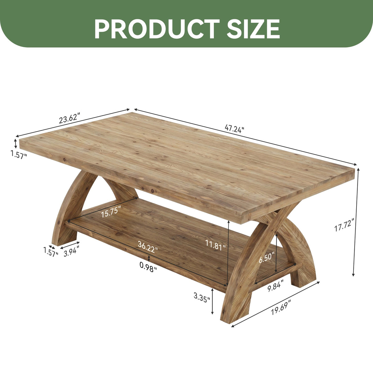 47.24" Solid Wood Coffee Table, Rectangular Center Table with X-Leg for Living Room