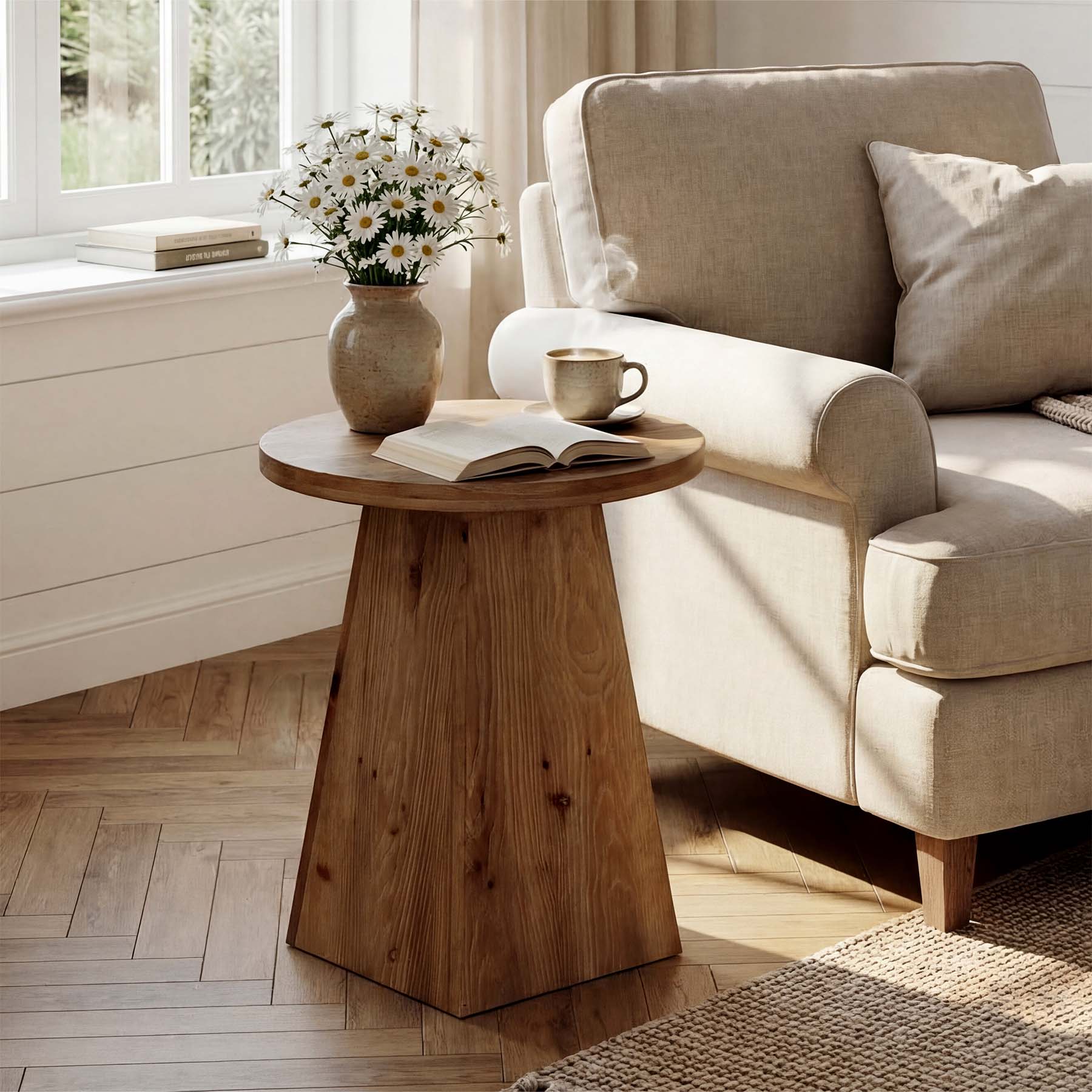 18.9" Solid Wood End Table with Trapezoid Base, Round Side Table for Living Room