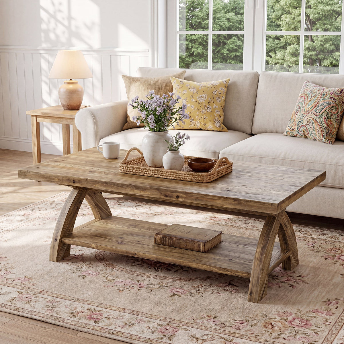 47.24" Solid Wood Coffee Table, Rectangular Center Table with X-Leg for Living Room