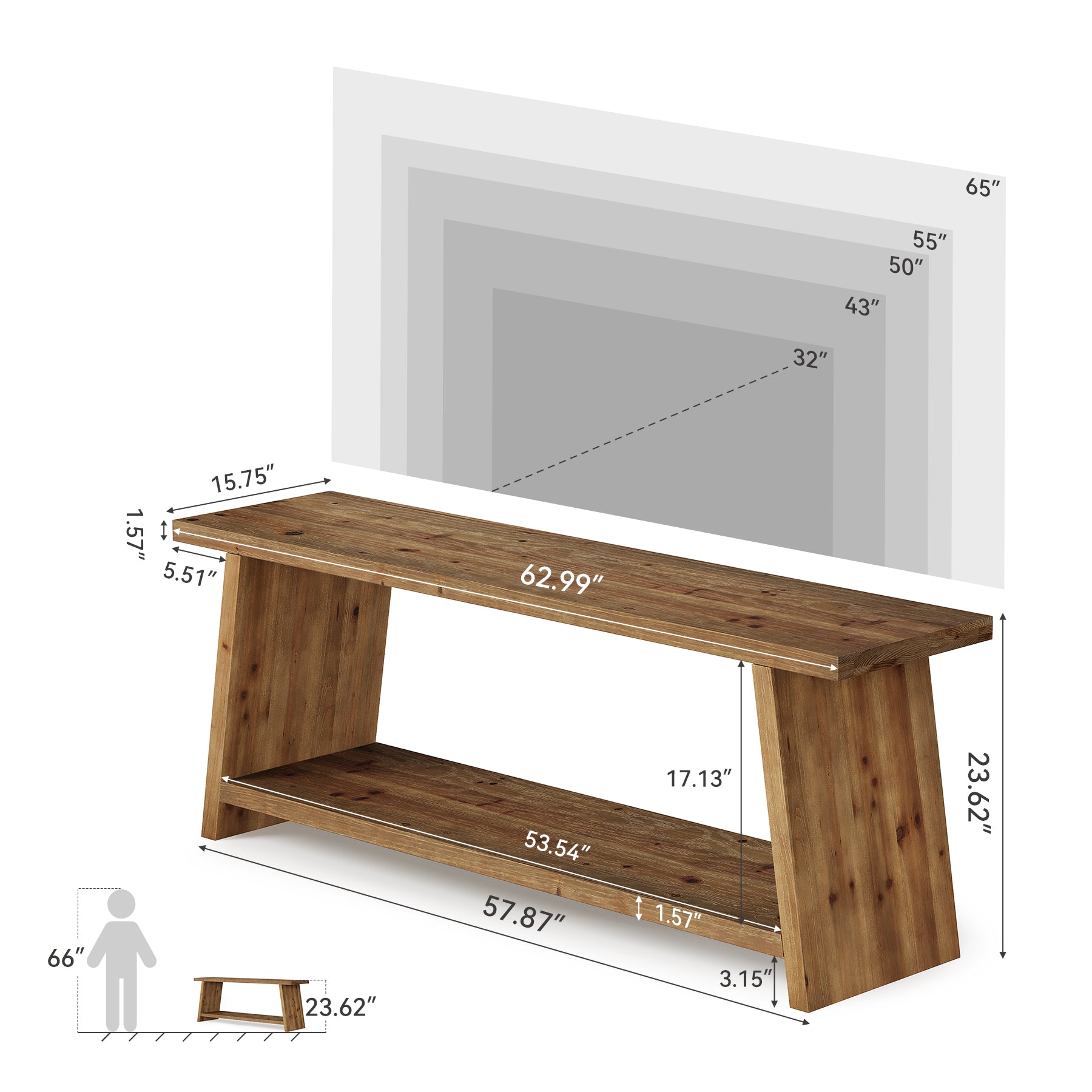 2-Tier Solid Wood TV Stand, 63" Media Console for 55/60/65 inch TV