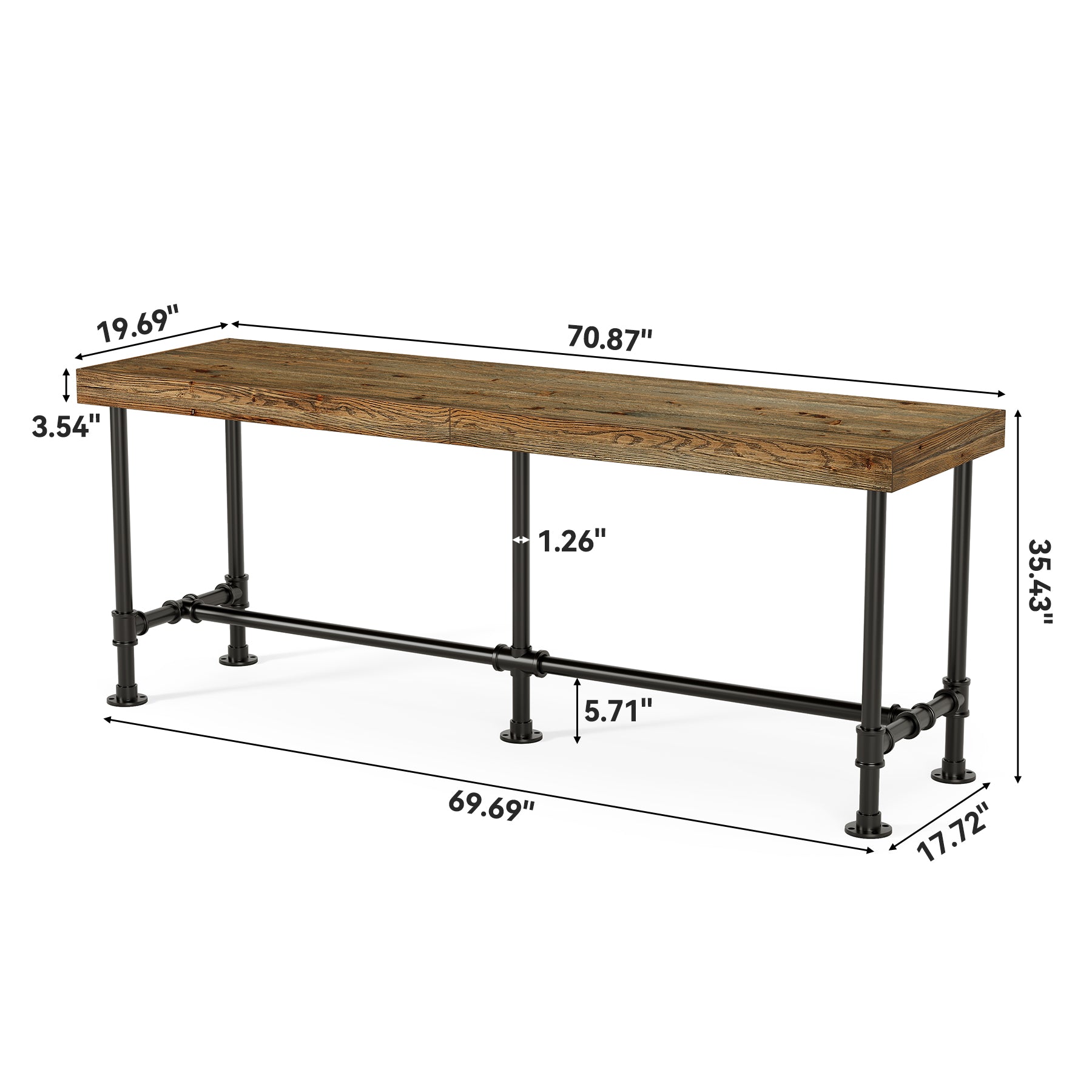 70.87" Solid Wood Bar Table for 6-8 People, Industrial Counter Height Pub Table