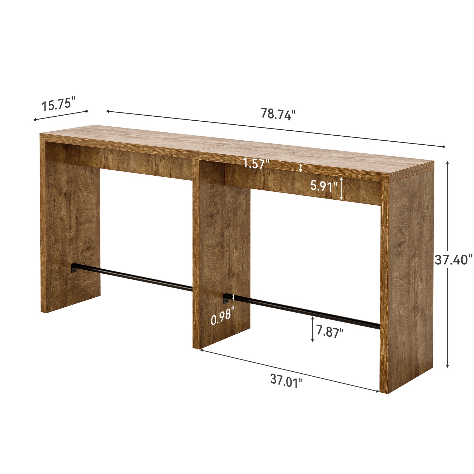78.74" Narrow Bar Table, High-Top Pub Table with Sturdy Iron Footrest for Kitchen