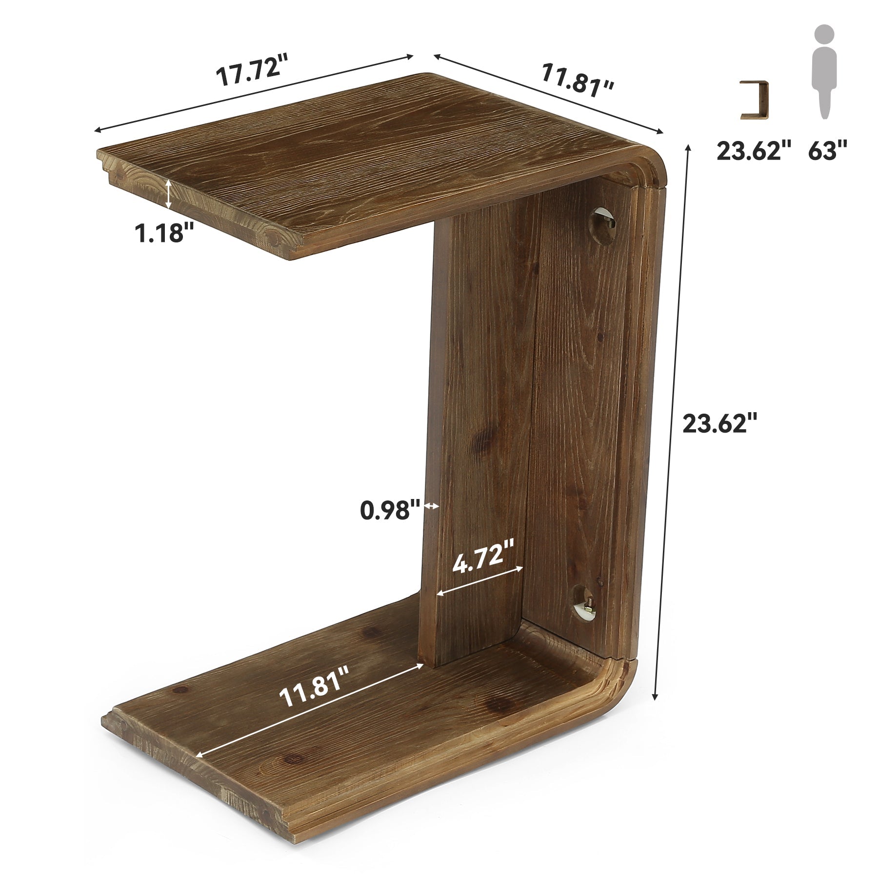 C-Shaped Solid Wood End Table, Narrow Side Table for Living Room and Bedroom