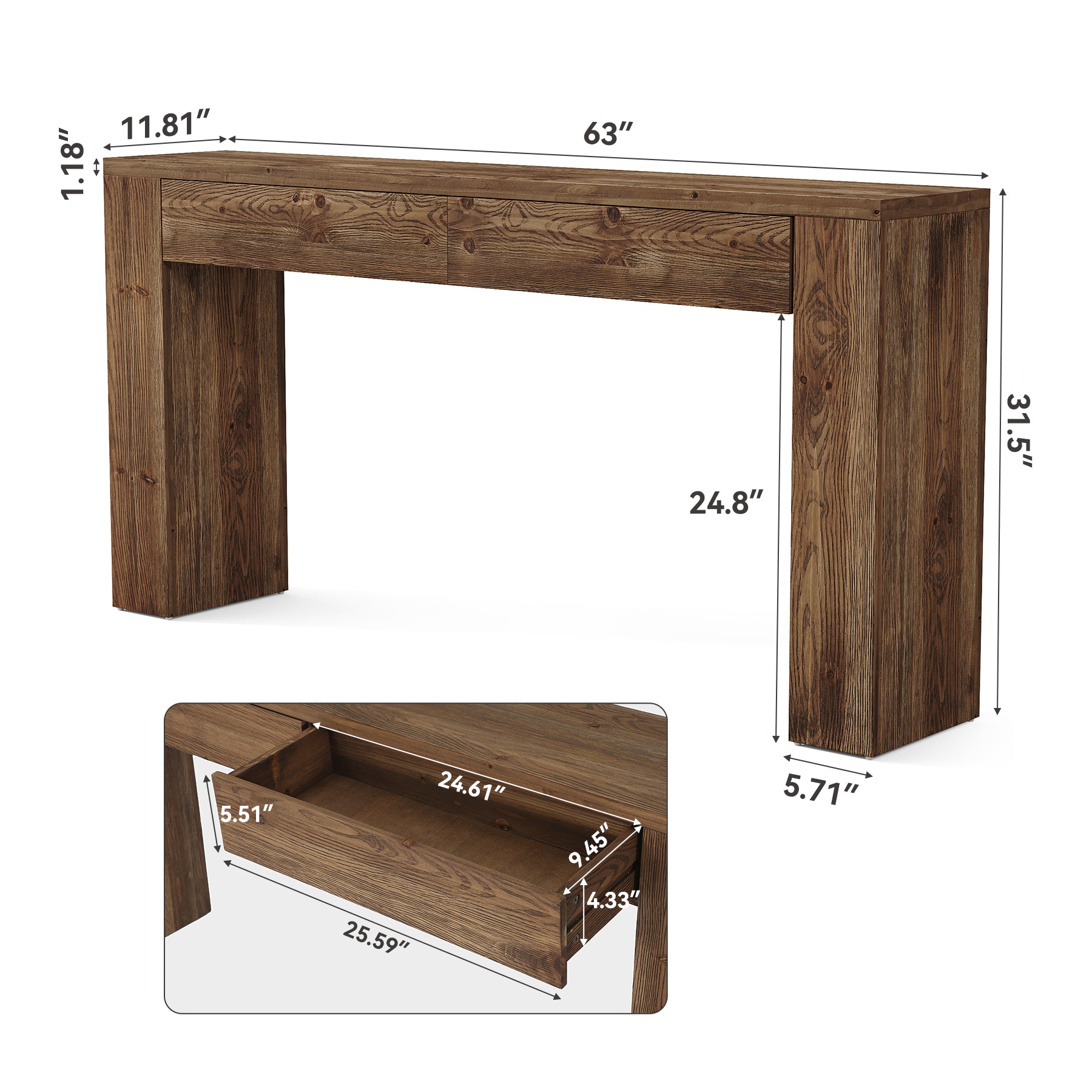 Solid Wood Console Table, 63" Entryway Sofa Table with 2 Drawers