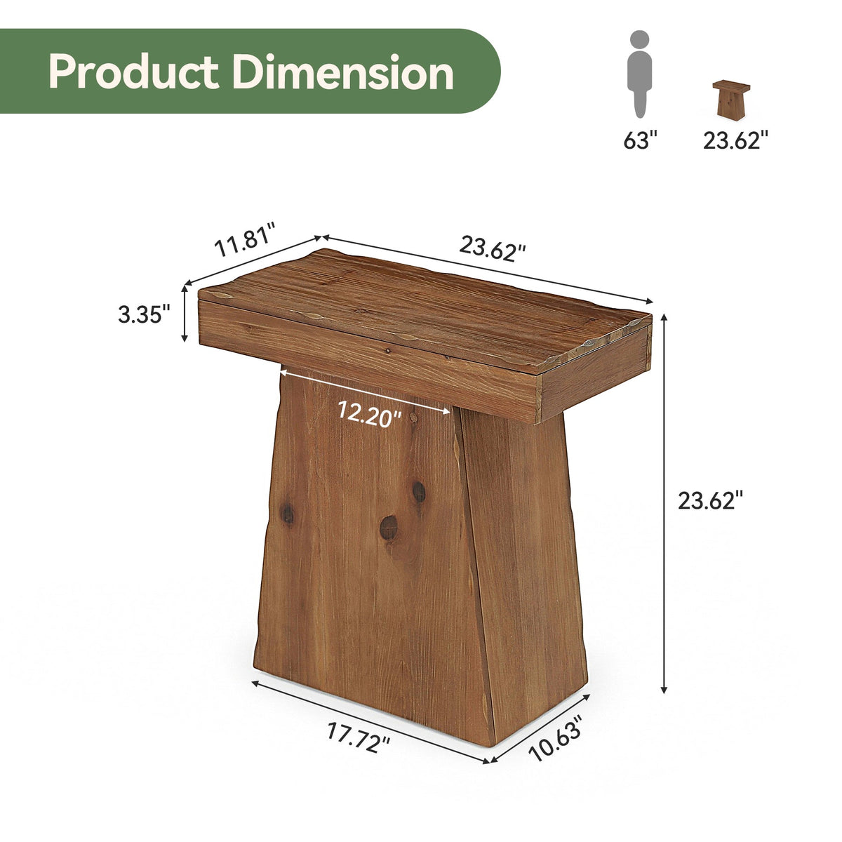23.6" Solid Wood End Table with Trapezoid Base, Small Side Table for Living Room