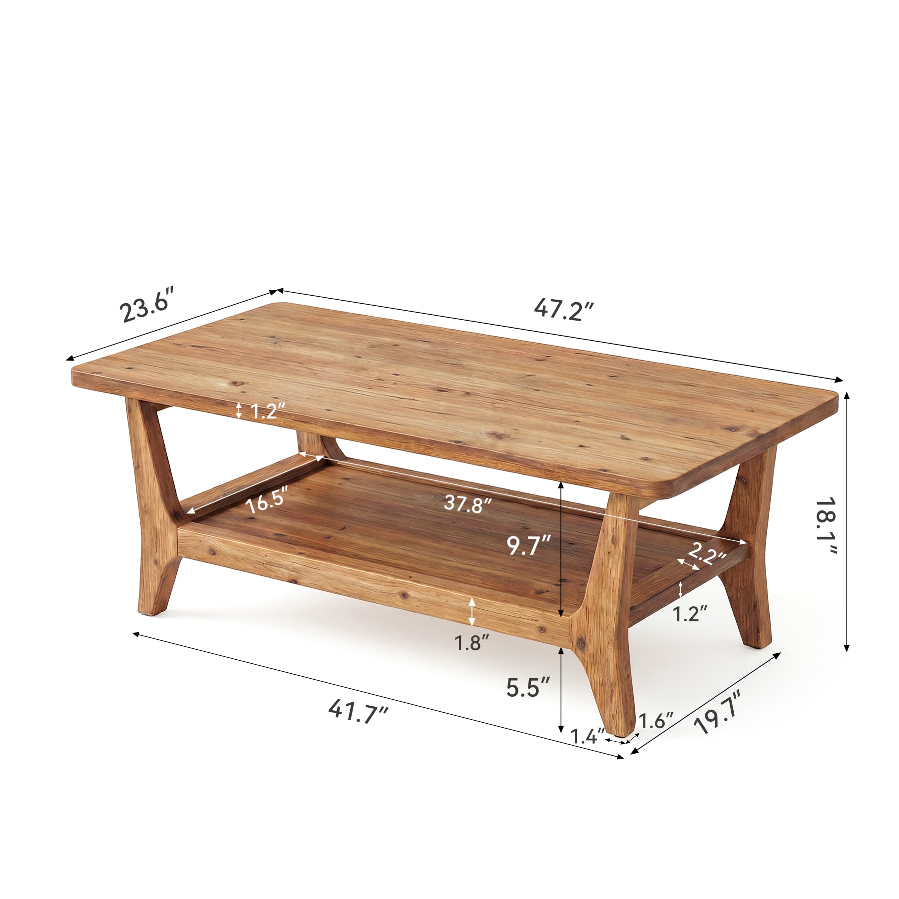 Solid Wood Coffee Table, 47" Center Table with 2-Tier Shelf for Living Room