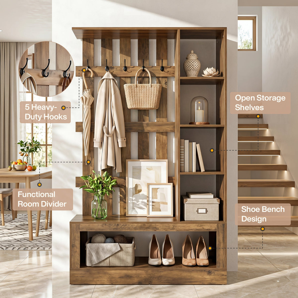 70.9" Wall Room Divider With Shelves, Freestanding Wall Partition With Coat Rack