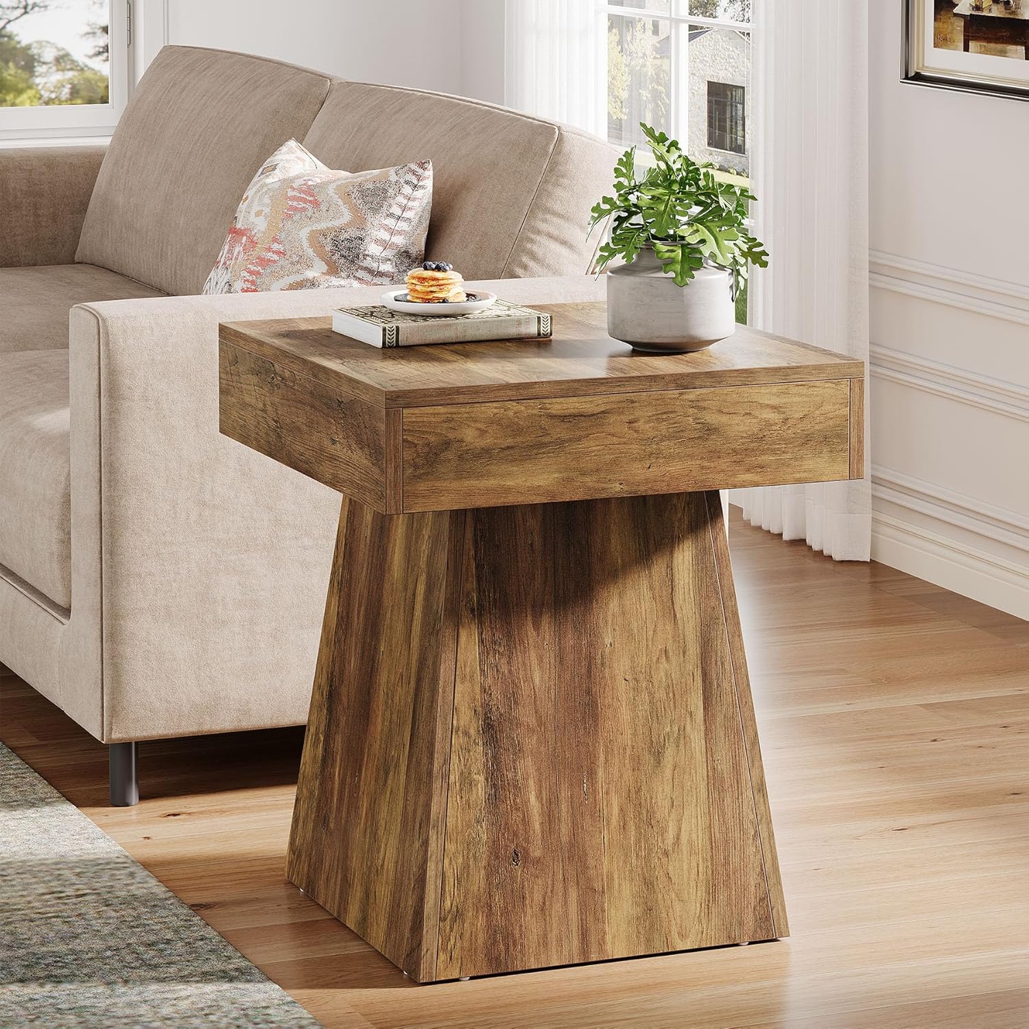 19.6" End Table, Square Side Table Small Nightstand with Wide Base Tribesigns