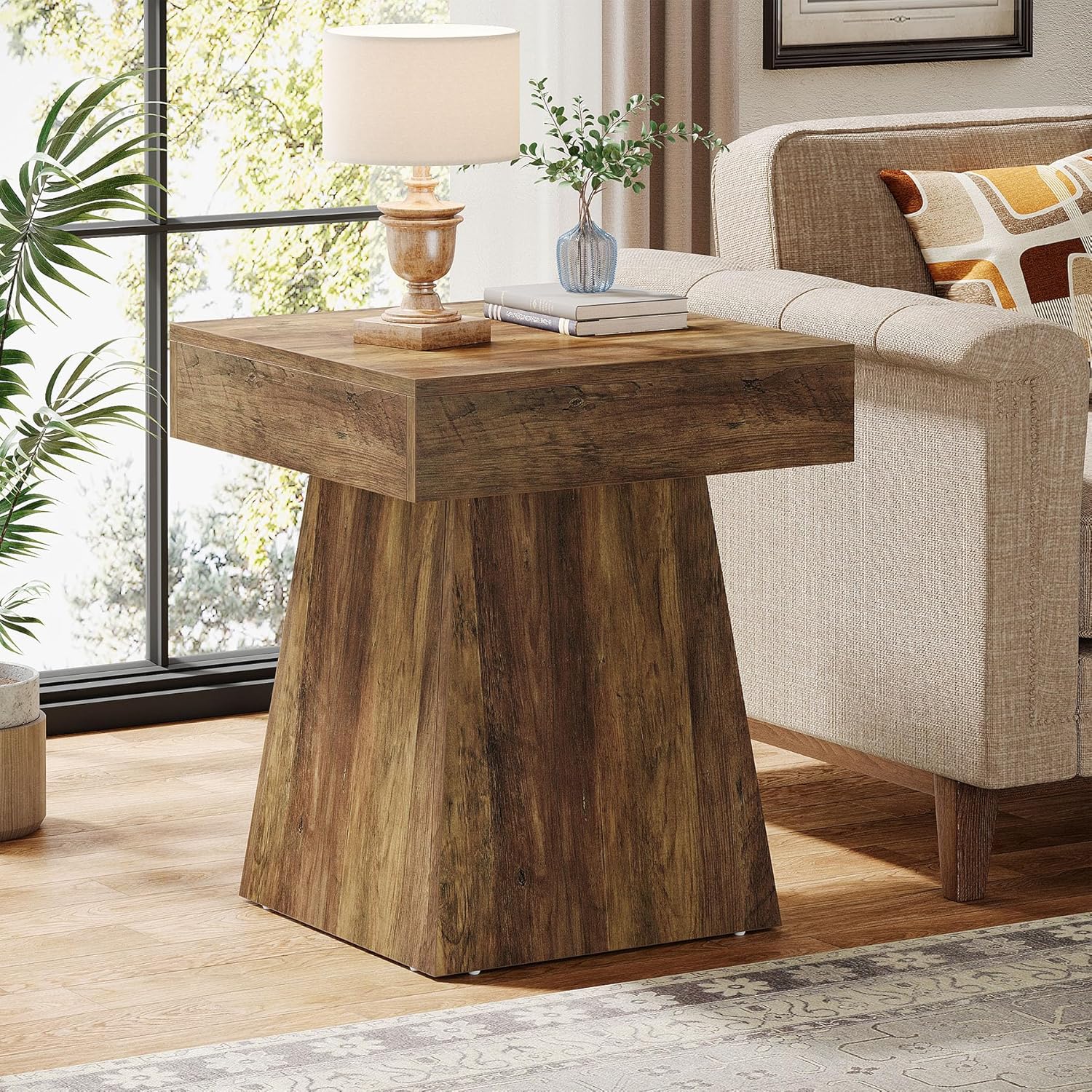 19.6" End Table, Square Side Table Small Nightstand with Wide Base Tribesigns