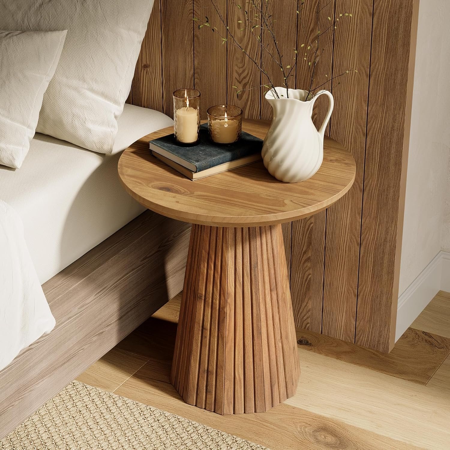 19" End Table, Solid Wood Round Pedestal Side Table with Fluted Base