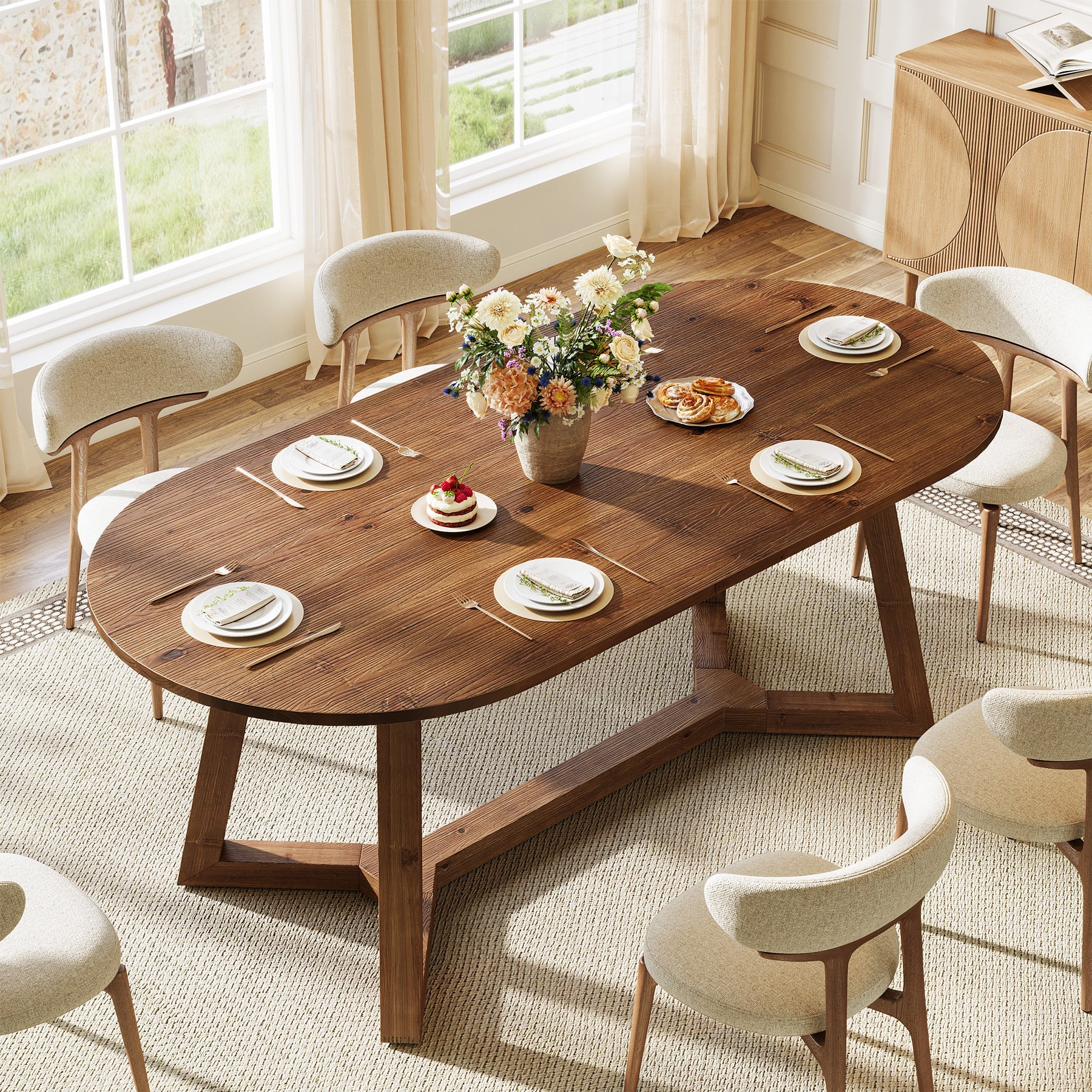 Solid Wood Oval Dining Table, 63" Kitchen Table with Sturdy Tapered Legs for 4-6