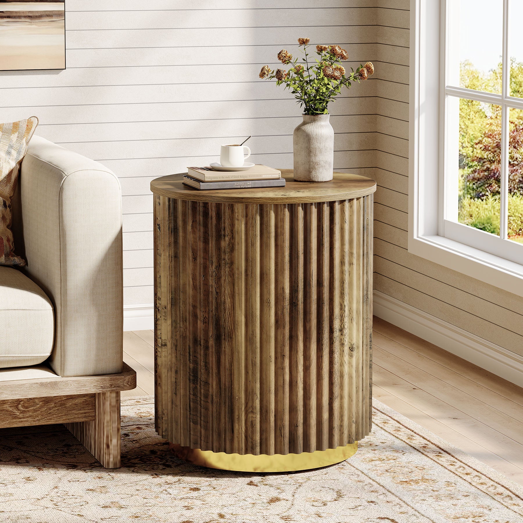 Fluted Round End Table, Small Side Table Nightstand for Living Room, Bedroom