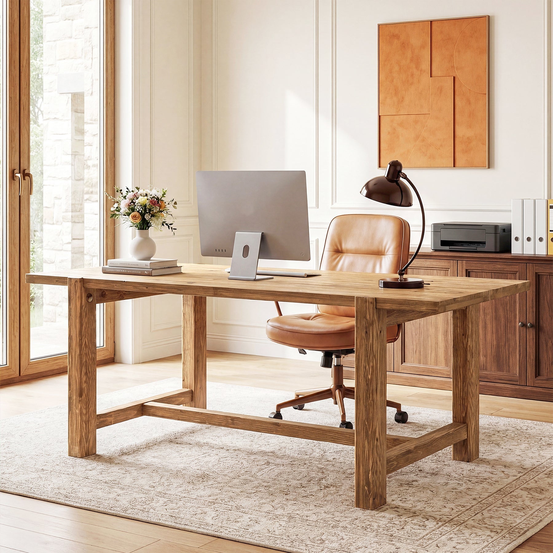 63" Solid Wood Computer Desk, Farmhouse Executive Desk for Home Office