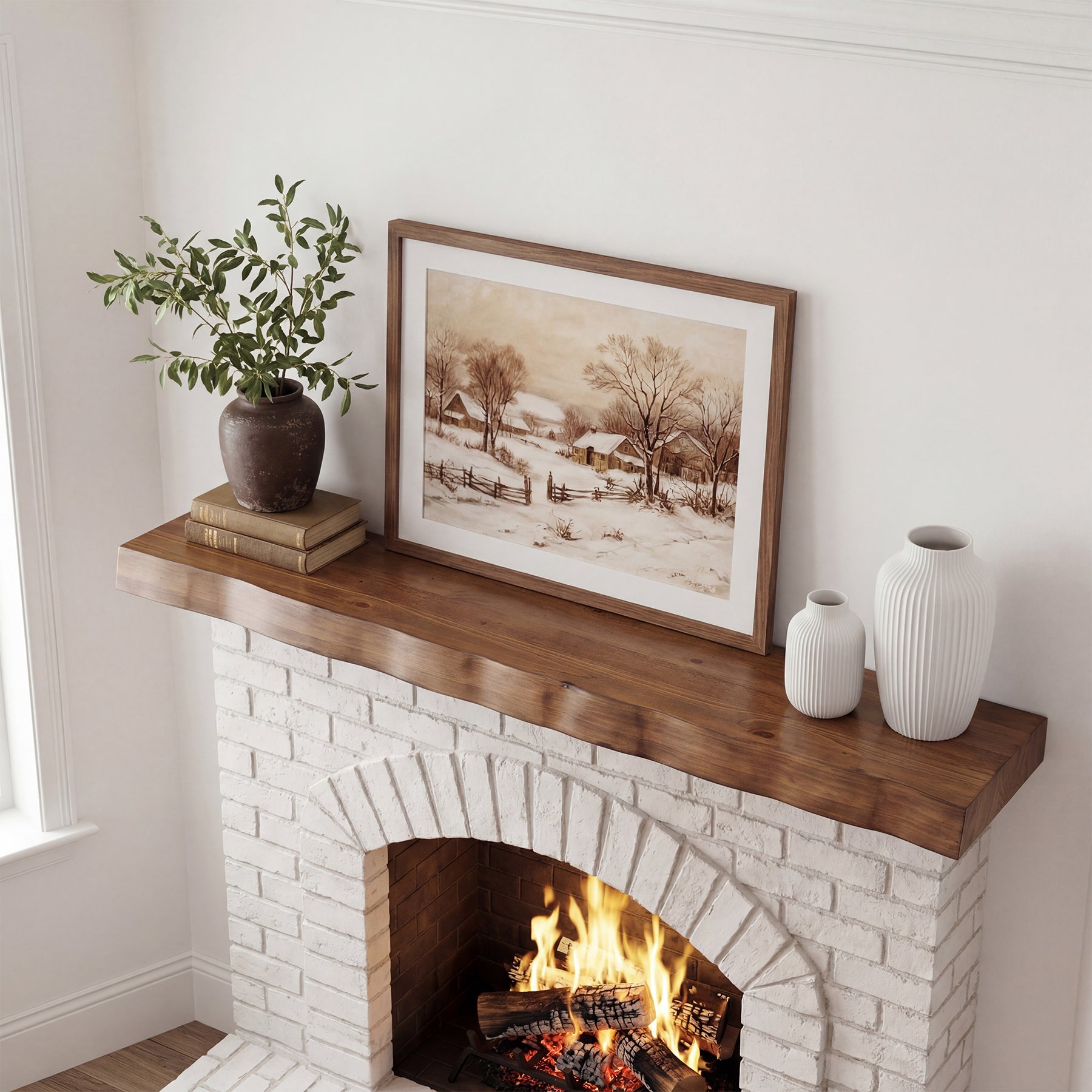 63" Solid Wood Fireplace Mantel, Floating Mantel Shelf with Live Edge for Living Room
