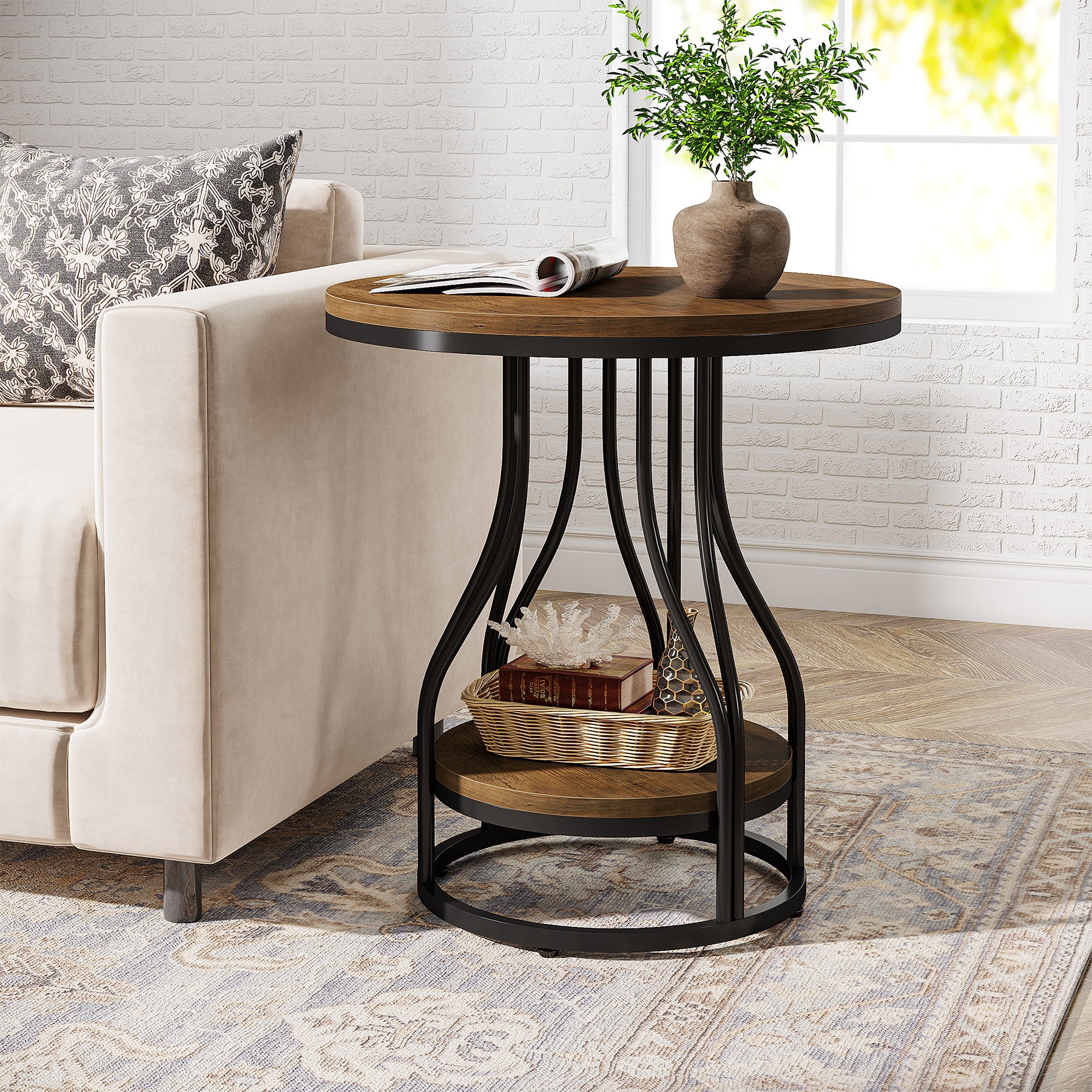 2-Tier End Table, Round Sofa Side Table with Metal Frame