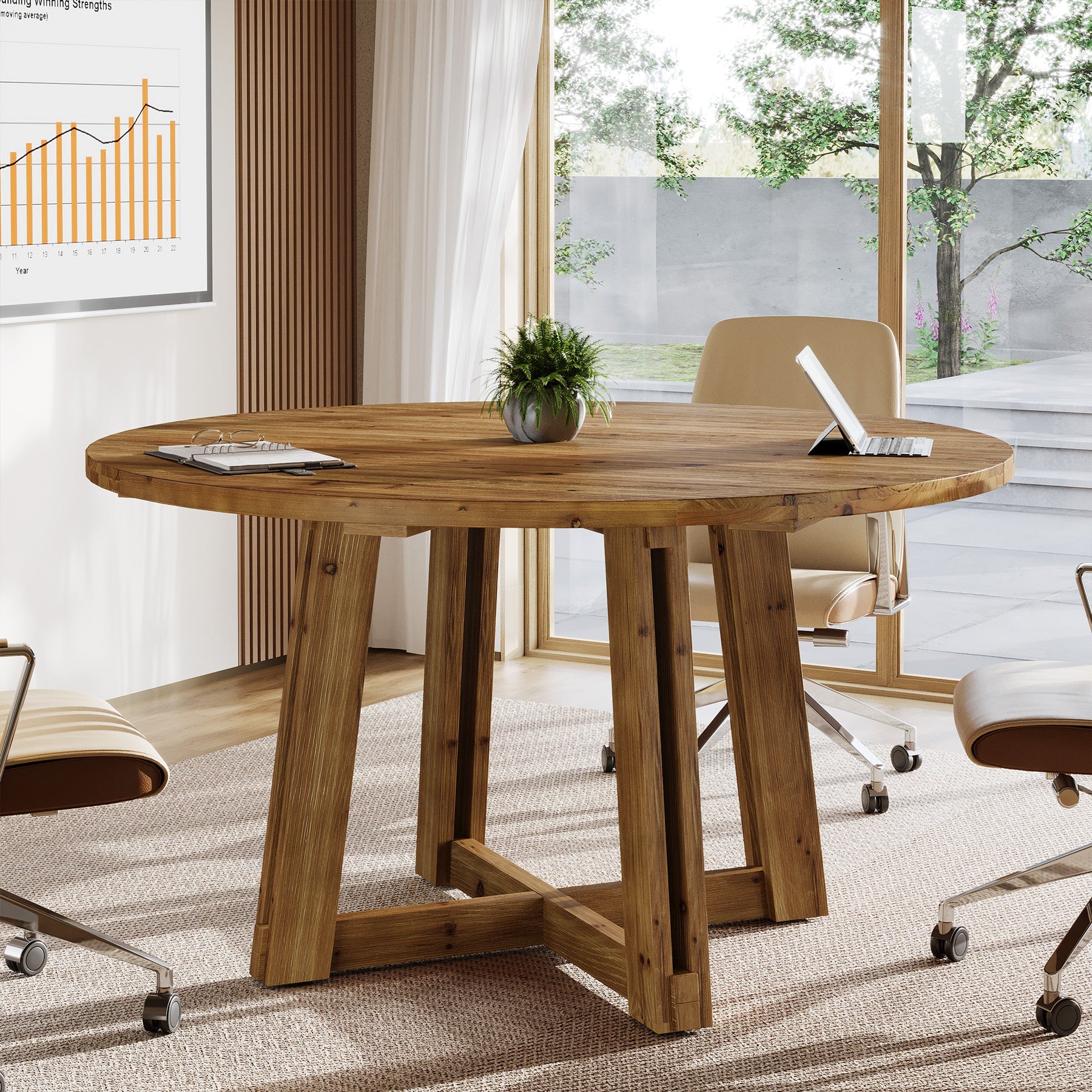 47"  Solid Wood Conference Table, Round Meeting Table with Thickened Tabletop