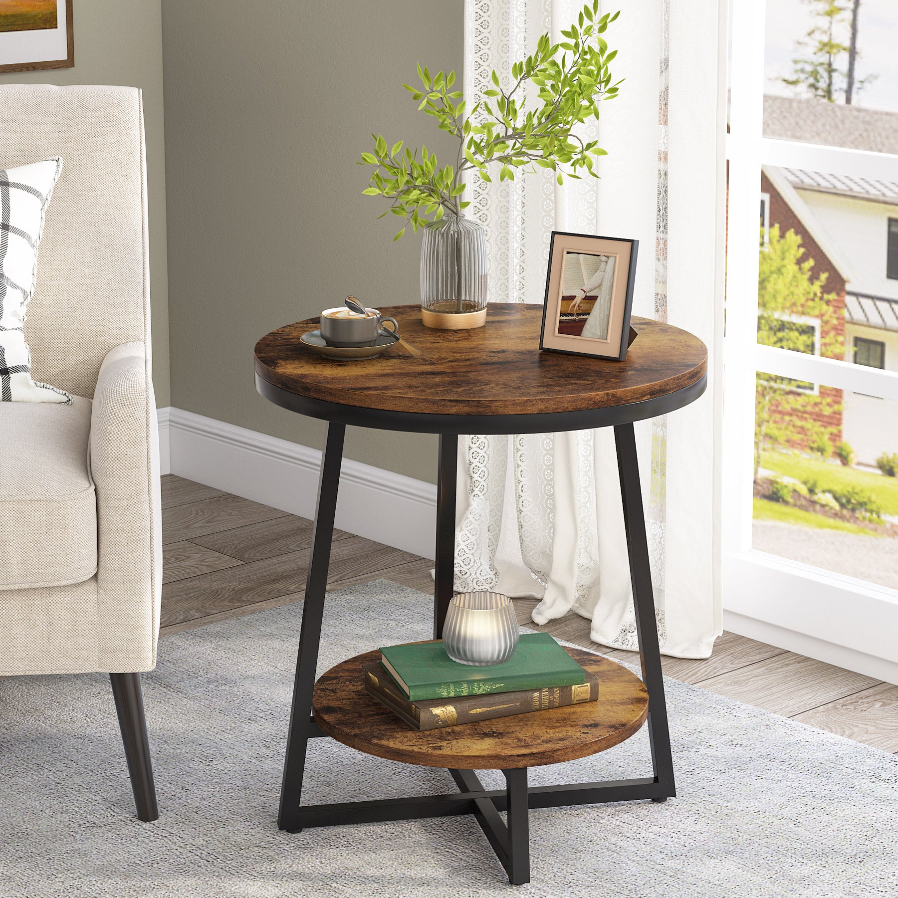 2-Tier End Table, Round Accent Bedside Table with Storage Shelf