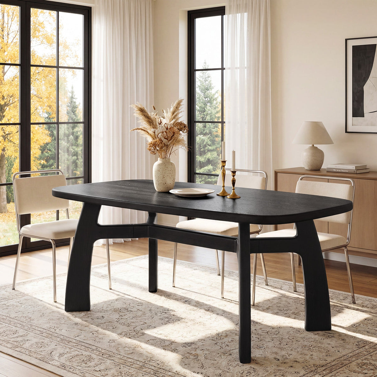63" Dining Table for 6-8, Solid Wood Kitchen Table with H-Frame for Dining Room