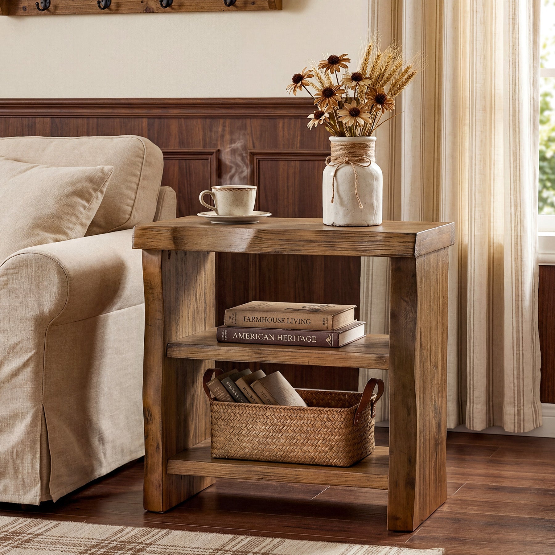 Solid Wood End Table, 3-Tier Live Edge Side Table for Bedroom