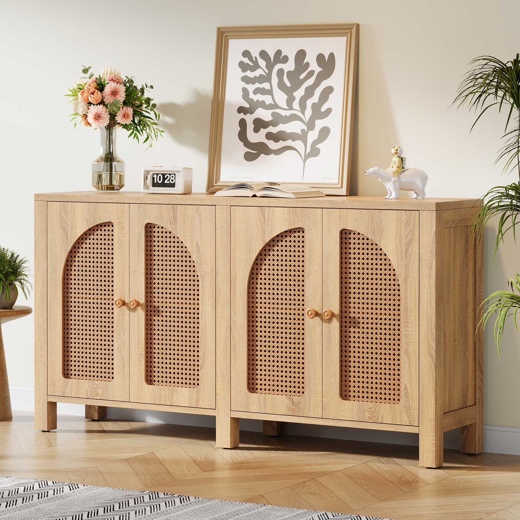 59" Sideboard Buffet, Rattan Credenza Storage Cabinet with 4 Doors