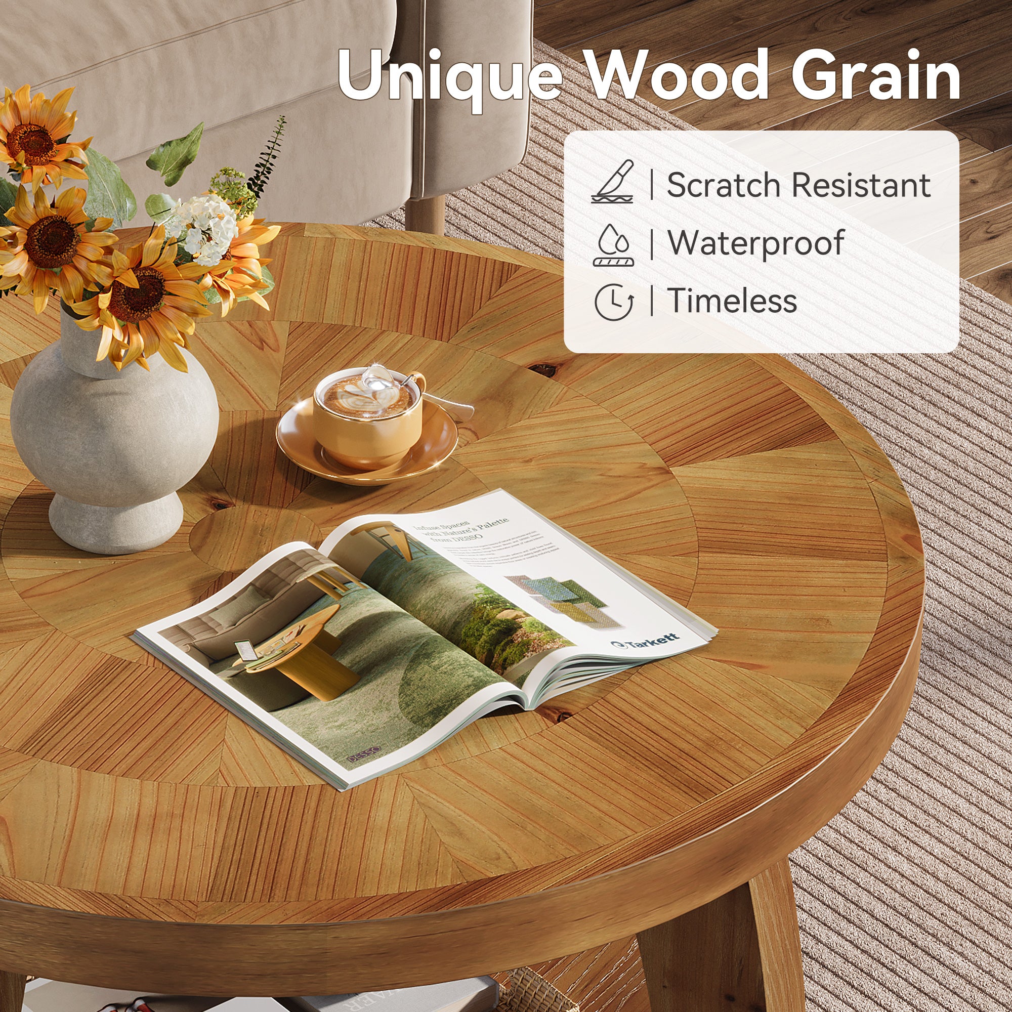 Solid Wood Round Coffee Table, 2-Tier Center Table with Storage for Living Room