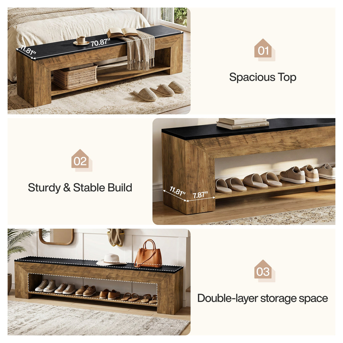 71" Entryway Bench with Shoe Storage, Farmhouse Shoe Bench with 2 Shelves