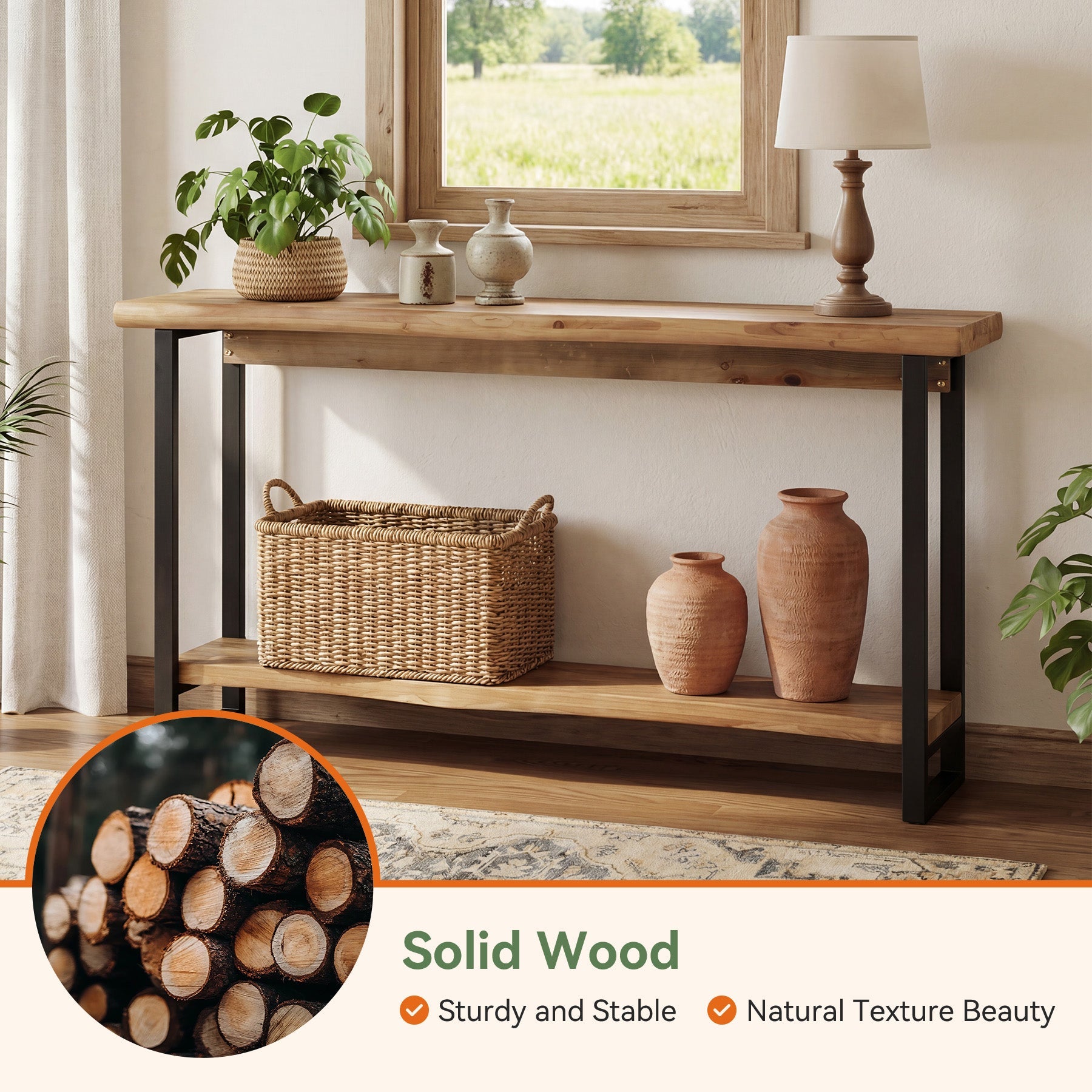 63" Solid Wood Live-Edge Console Table with Metal Legs – Narrow Farmhouse Sofa Table