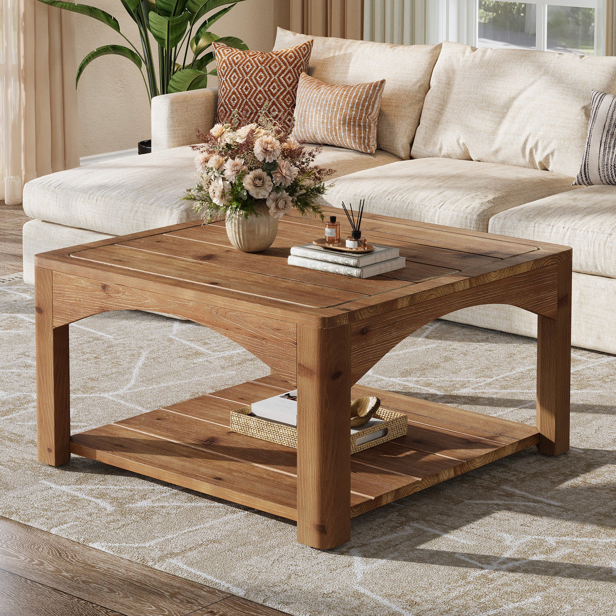 31.5" Square Coffee Table, Solid Wood 2-Tier Center Table for Living Room