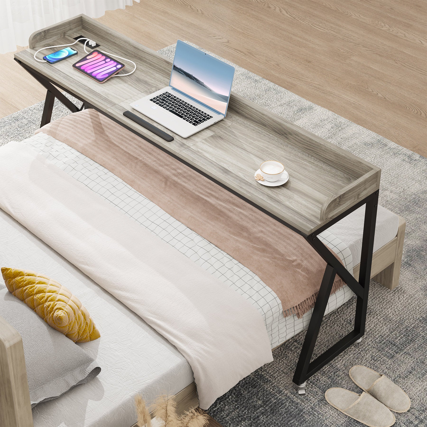 Mobile Overbed Table, 70.9" Over Bed Desk with Adjustable Tilt Board