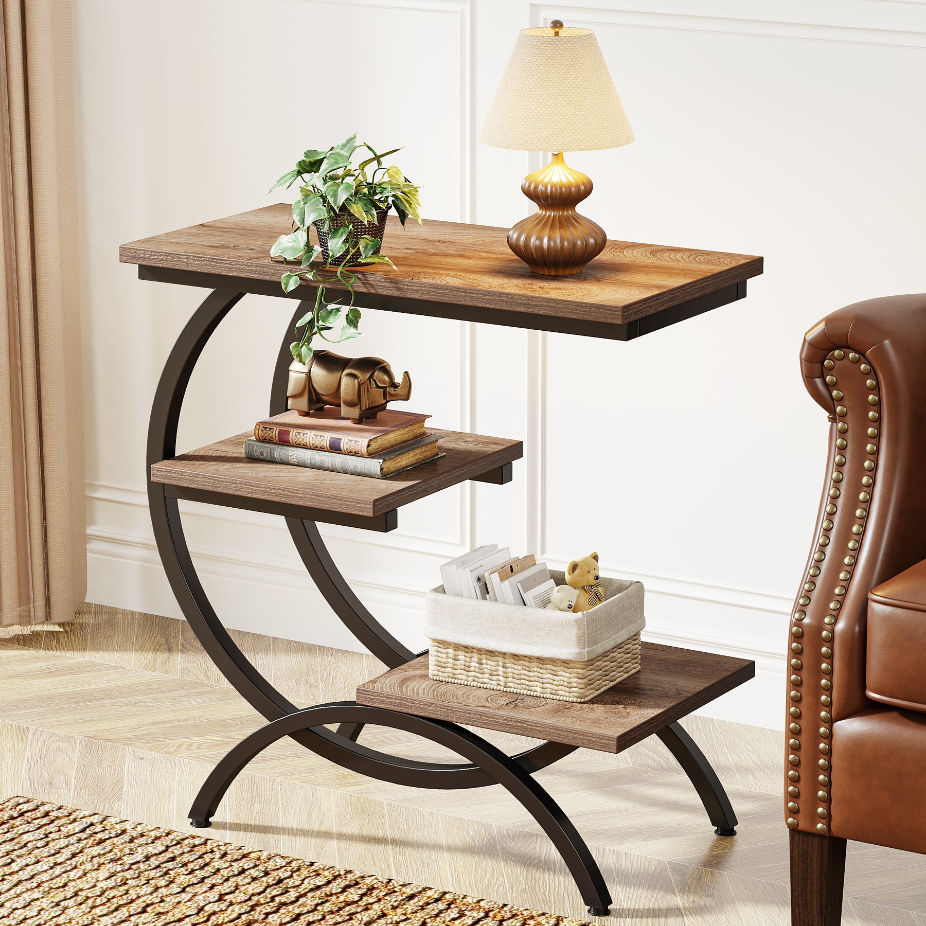 C-Shaped End Table, Industrial 3-Tier Side Table for Small Space
