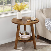 Solid Wood Round End Table, Farmhouse Sofa Side Table with Storage Shelf Tribesigns 3