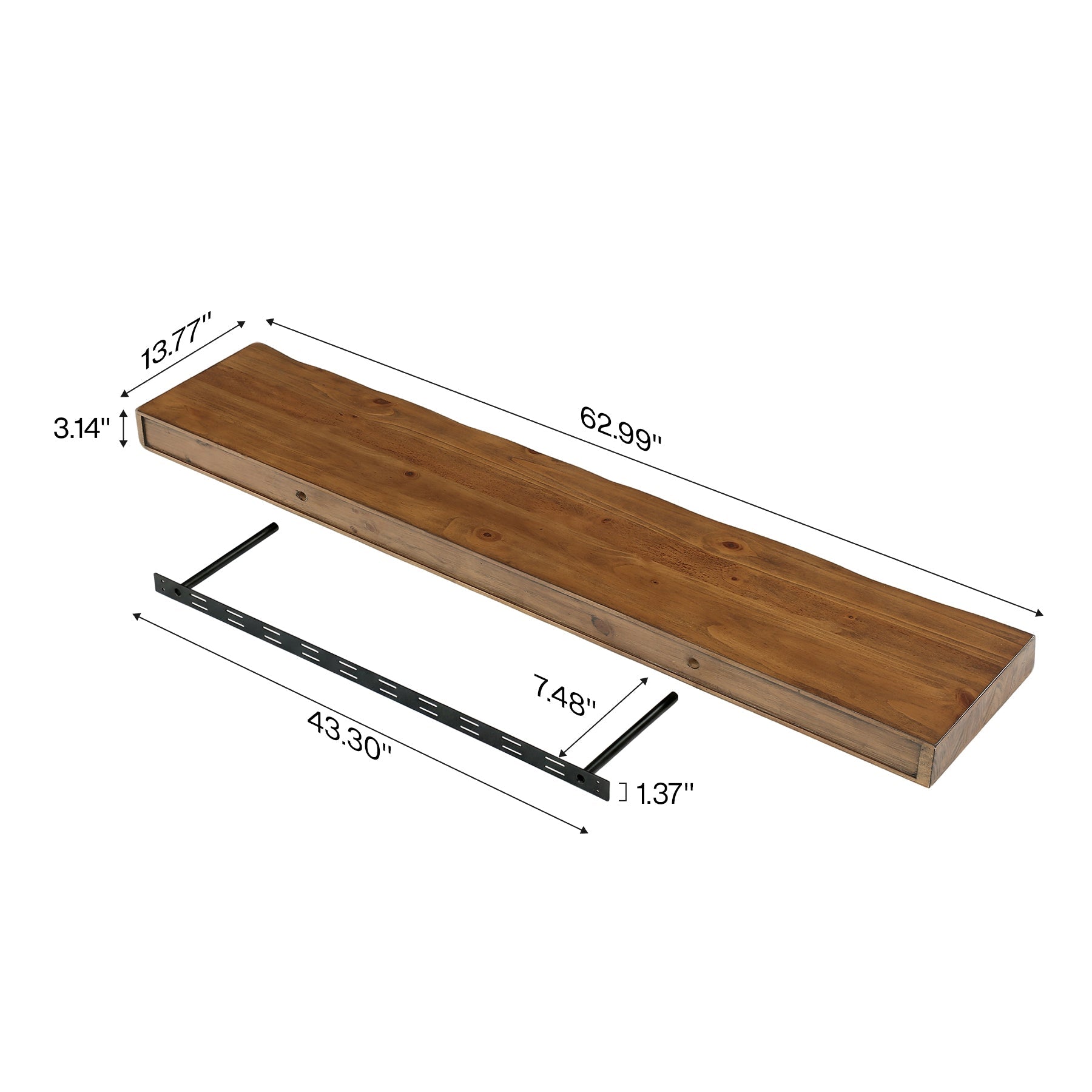 63" Solid Wood Fireplace Mantel, Floating Mantel Shelf with Live Edge for Living Room